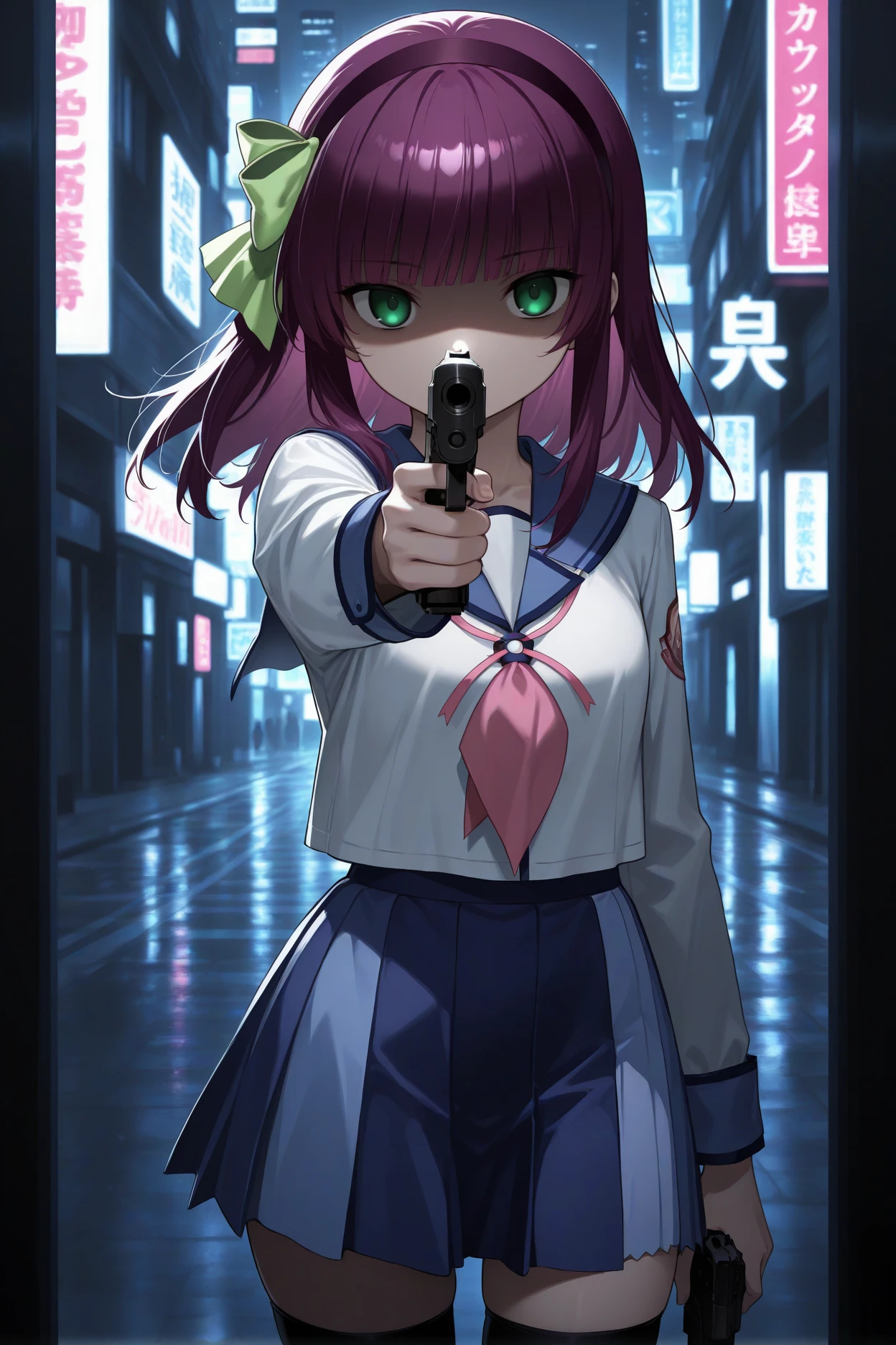 masterpiece, best quality, 1girl, solo, <lora:abyuri-illu-nvwls-v1-000006:1> nmyu, purple hair, medium hair, blunt bangs, green eyes, hairband, hair bow, green bow, blue sailor collar, pink neckerchief, neck ribbon, white shirt, long sleeves, blue skirt, miniskirt, pleated skirt, multicolored skirt, black thighhighs, aiming, holding handgun, looking at viewer, shaded face, cowboy shot, desaturated, city street, dark theme, from side