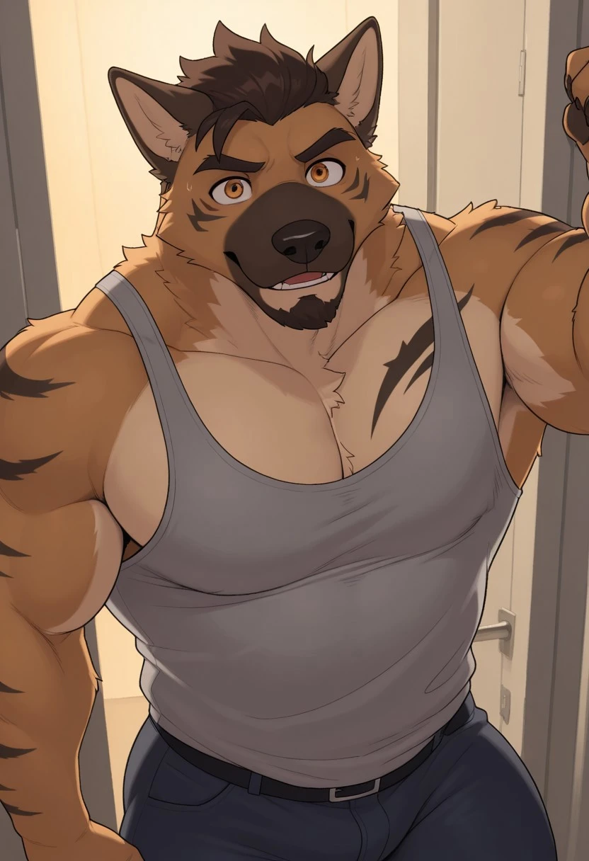 epic-Ultra-HD-details, epic-Ultra-HD-highlights, 2.5D-upscaled-resolution, (highly detailed eyes, perfect eyes:1.2), digital-quality, furry-characteristics, furry, masterpiece, best quality, newest, absurdres, highres, 2024, 2023, amazing quality, solo, marcel_ajbh, mature male, broad shoulders, anthro canine, Anthro dog, dog, chin beard, short spiky dark brown hair, strong jawline, golden brown fur, dark brown fur snout, ears and forearms, light cream chest fur, light cream inner ears, amber eyes, black nose, black stripes tattoo on upper arm, gray tank top, black jeans,