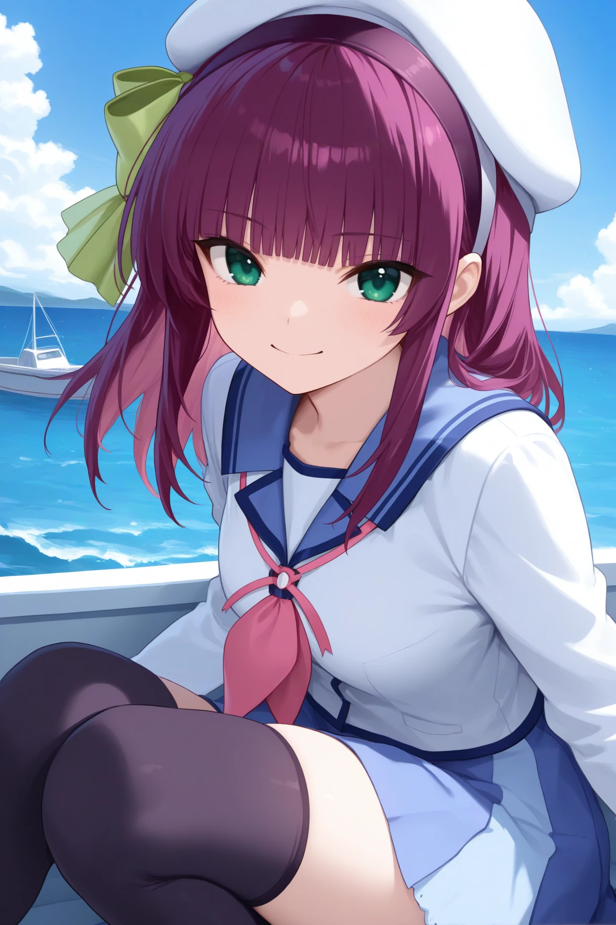 masterpiece, best quality, 1girl, solo, <lora:abyuri-illu-nvwls-v1-000006:1> nmyu, purple hair, medium hair, blunt bangs, green eyes, hairband, hair bow, green bow, blue sailor collar, pink neckerchief, neck ribbon, white shirt, long sleeves, blue skirt, miniskirt, pleated skirt, multicolored skirt, black thighhighs, white beret, ocean, boat, happy, looking at viewer, blue sky