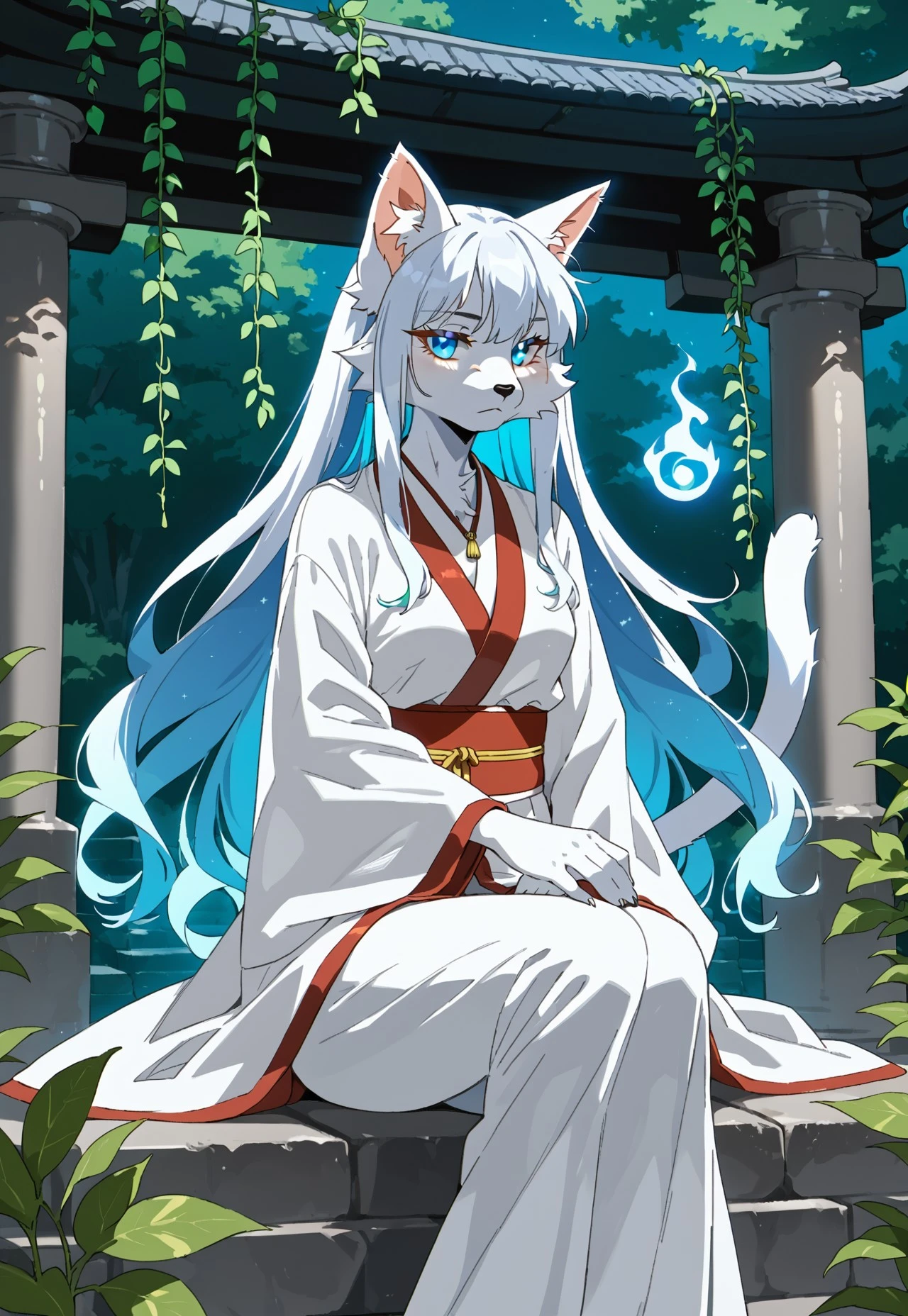 Artistic style, furry, anthro, female, An elegant, ghostly nekomata fur (two-tailed cat spirit), long hair, partially translucent, sitting gracefully on the worn steps of a forgotten Shinto shrine overgrown with vines. Moonlight filters through the trees, illuminating dust motes and ancient stone lanterns. Shimenawa rope hangs loosely. Style: Ethereal beauty, Japanese ghost story (yurei) aesthetic, soft focus, luminous fur and eyes, serene yet melancholic atmosphere, cool moonlight palette (blues, silvers, greens).