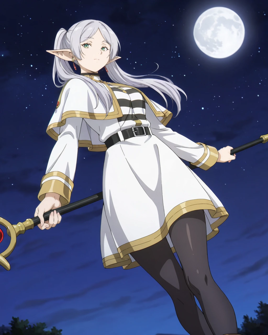 masterpiece, Anime, 2d, absurdres, Seinen, anime screencap, anime coloring, very awa,<lora:SousouNoFrieren_Frieren_IlluXL:0.9>, 1girl, solo, closed mouth, grey hair, long hair, green eyes, twintails, parted bangs, earrings, pointy ears, FrierenCasual, striped shirt, white capelet, black belt, white skirt, long sleeves, black pantyhose, holding staff, flying, looking at the viewer, from below, night, full moon, night sky, dark, starry sky,, dynamic pose, dynamic angle, realistic anime style, Flatline, Flat vector illustration, 2d, very aesthetic, official art, stylized, vibrant, digital, best quality, amazing quality, highly detailed, high resolution, perfect details, ultra-detailed, sharp lineart,<lora:MeMaXL4 Type D:0.75>,KKSWHNS-Style-V1.0, expressiveKuro-V1.0, <lora:KKSWHNS-Style-V1-illust:0.5>