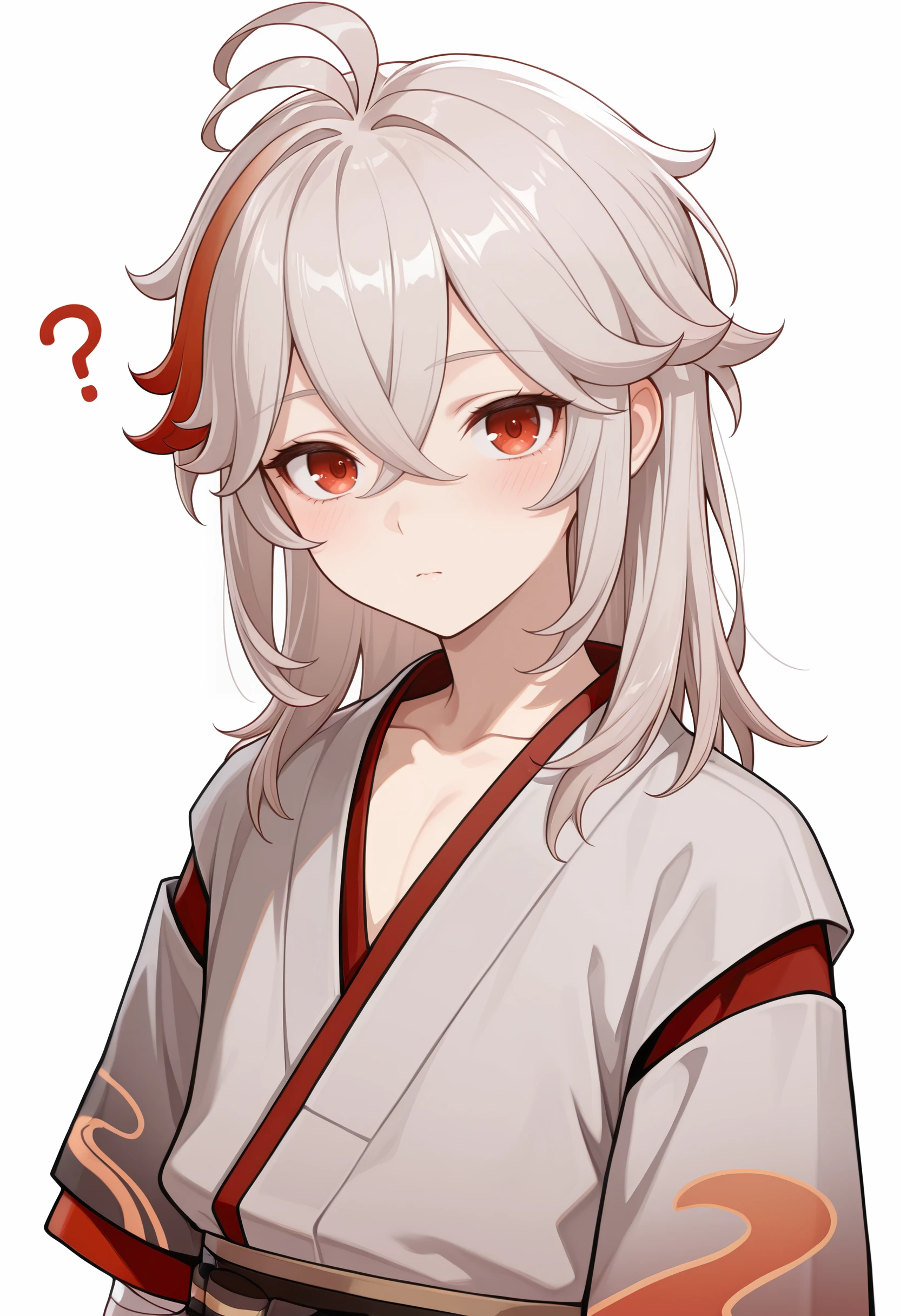 1boy, male focus, kaedehara kazuha, amazing quality, high resolution, ultra-detailed, ?, alternate hairstyle, antenna hair, bandaged arm, bandaged hand, bandages, closed mouth, crossed bangs, grey hair, hair between eyes, hair down, japanese clothes, looking at viewer, red eyes, simple background, solo, upper body, white background, masterpiece, best quality, very aesthetic, absurdres
