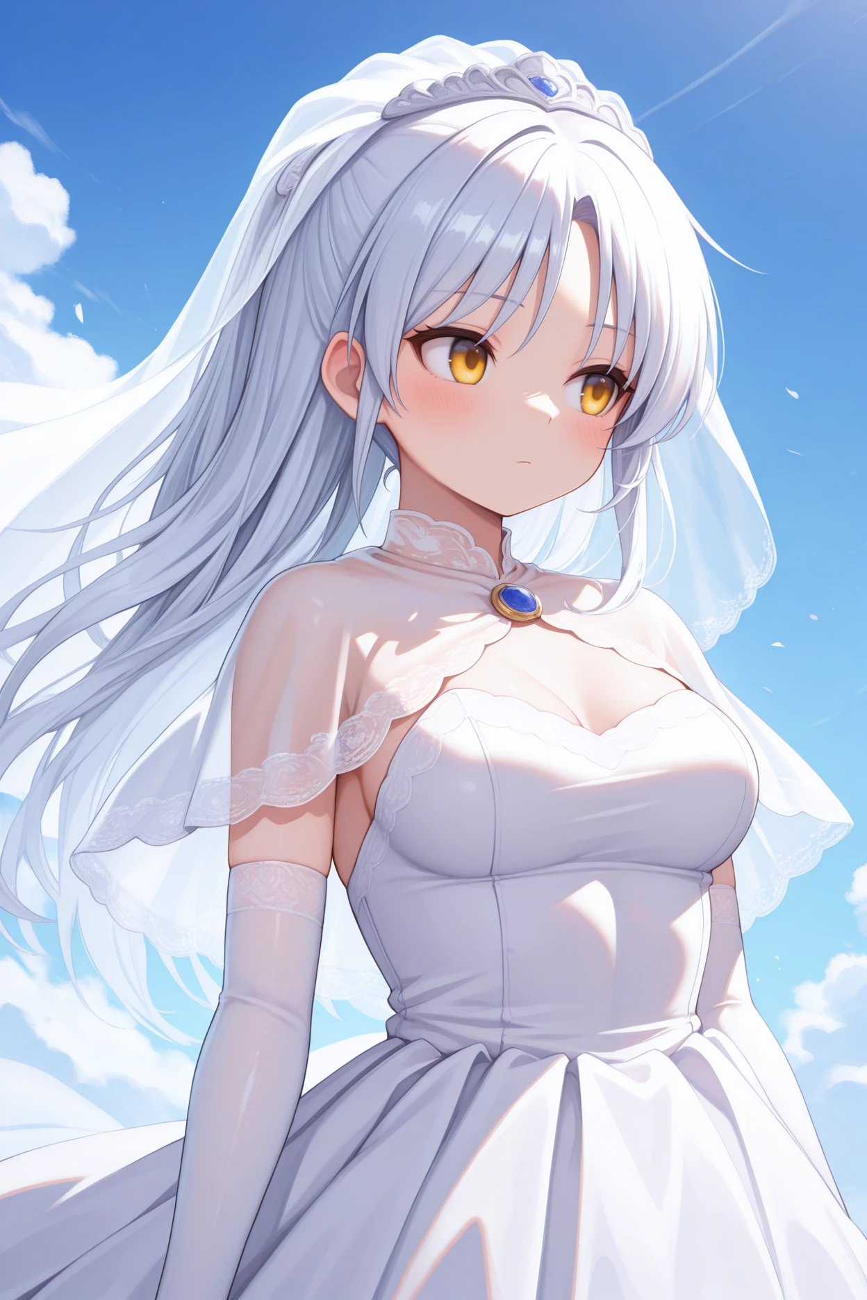 masterpiece, best quality, 1girl, solo, <lora:abtenshi-illu-nvwls-v1-000006:1> tkne, white hair, long hair, yellow eyes, bridal veil, wedding dress, elbow gloves, expressionless, blush, looking to the side, blue sky, fiel, medium breasts, white capelet, see-through capelet