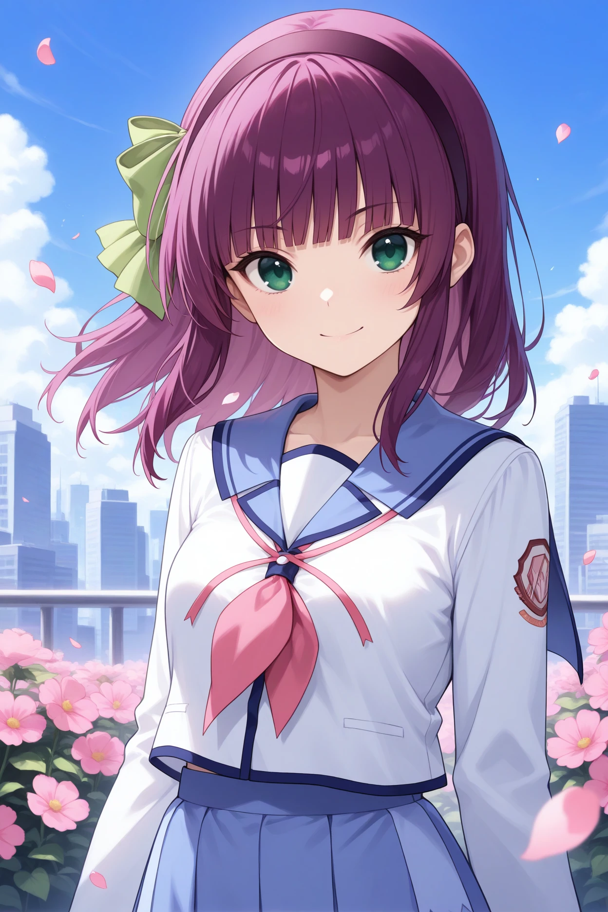 masterpiece, best quality, 1girl, solo, <lora:abyuri-illu-nvwls-v1-000006:1> nmyu, purple hair, medium hair, blunt bangs, green eyes, hairband, hair bow, green bow, blue sailor collar, pink neckerchief, neck ribbon, white shirt, long sleeves, blue skirt, miniskirt, pleated skirt, multicolored skirt, upper body, looking at viewer, smile, blue sky, city, flower petals