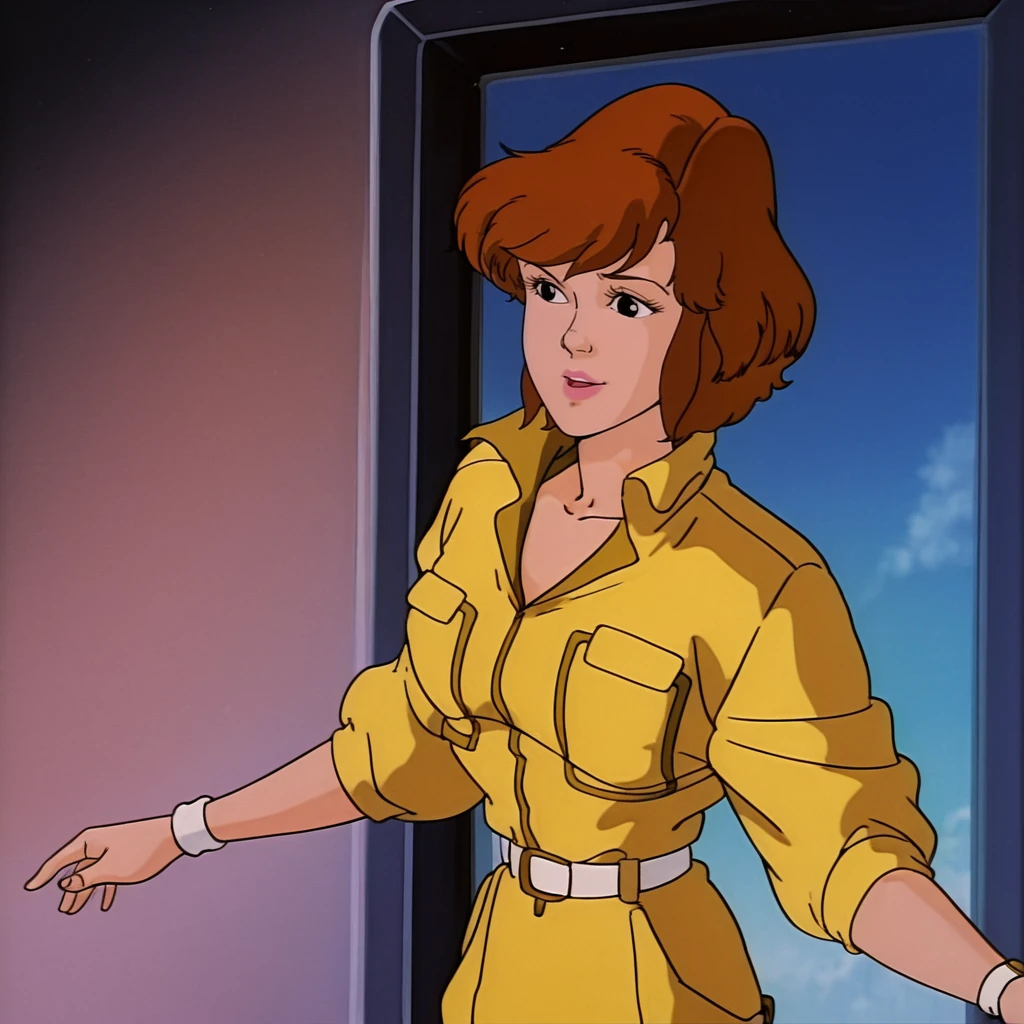 <lora:AprilONeil_illustrious_v1:1> AprilONeil, 1girl, 1980s (style), retro artstyle, brown hair, short hair, belt, jumpsuit, black eyes, wristband