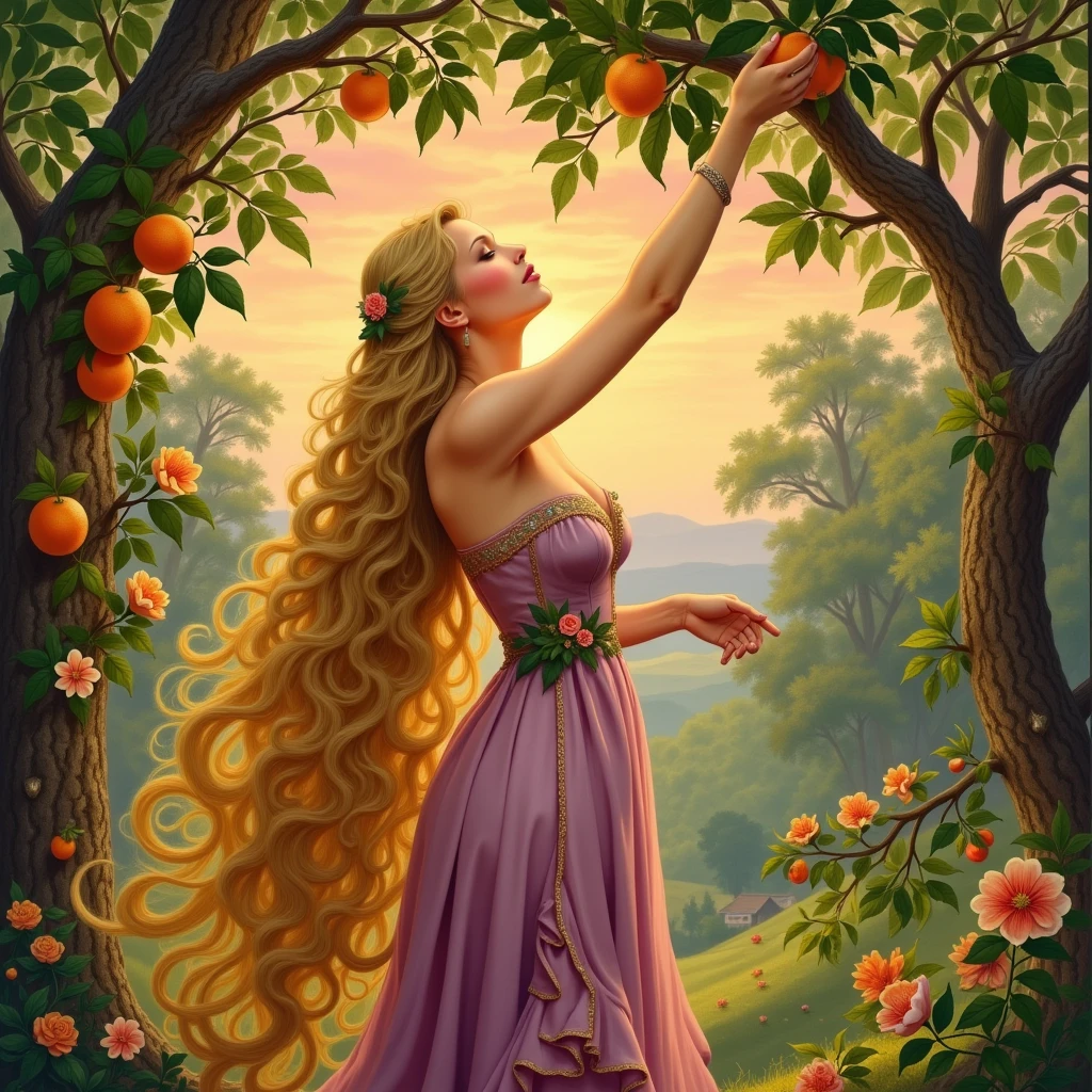 A stunning Rococo art oil painting featuring a beautifully detailed scene of Rapunzel, with her long, flowing golden hair cascading down her back. Dressed in a delicate, pastel-hued gown adorned with floral patterns, she gracefully reaches up to pluck ripe, sun-kissed oranges from the branches of a lush orchard in Southern Italy. The setting is bathed in the warm, golden light of late afternoon, casting enchanting shadows and highlighting the vivid colors of the blossoms and fruit. Surrounding her are vibrant green leaves and blossoming flowers, creating a picturesque atmosphere of tranquility and abundance. The sky is a soft orange-pink gradient as the sun begins to set, enhancing the dreamy, romantic mood of the scene. This hyper-realistic portrayal captures the elegance of the 1800s, with intricate details in the foliage and Rapunzel's expression of joy and serenity, inviting viewers into this idyllic Italian landscape. c0mix2