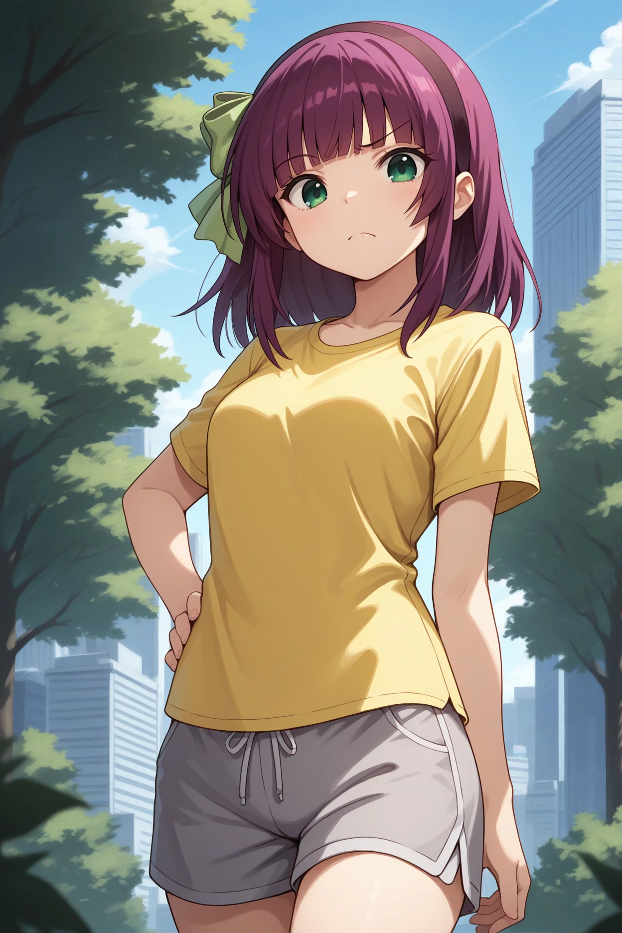 masterpiece, best quality, 1girl, solo, <lora:abyuri-illu-nvwls-v1-000006:1> nmyu, purple hair, medium hair, blunt bangs, green eyes, hairband, hair bow, green bow, yellow t-shirt, grey shorts, hand on hip, frown, raised eyebrow, looking at viewer, cowboy shot, blue sky, trees, city