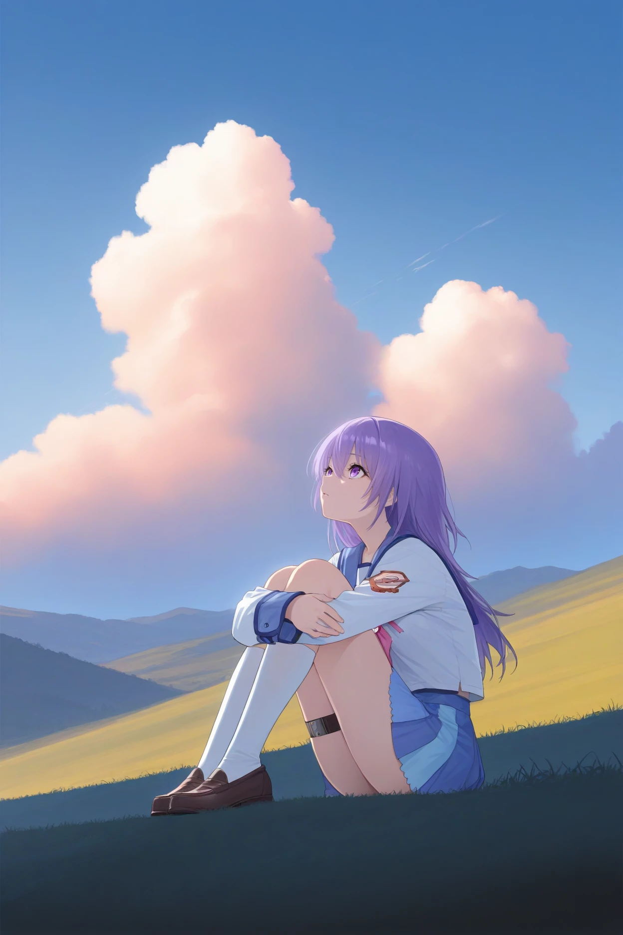 masterpiece, best quality, 1girl, solo, <lora:abirie-illu-nvwls-v1-000006:1> mkir, purple hair, long hair, hair between eyes, purple eyes, blue sailor collar, white shirt, long sleeves, pink neckerchief, neck ribbon, blue skirt, miniskirt, pleated skirt, multicolored skirt, thigh strap, white socks, kneehighs, loafers, sitting, hugging own legs, looking up, blue sky, clouds, hill, wide shot, hdr, from side,