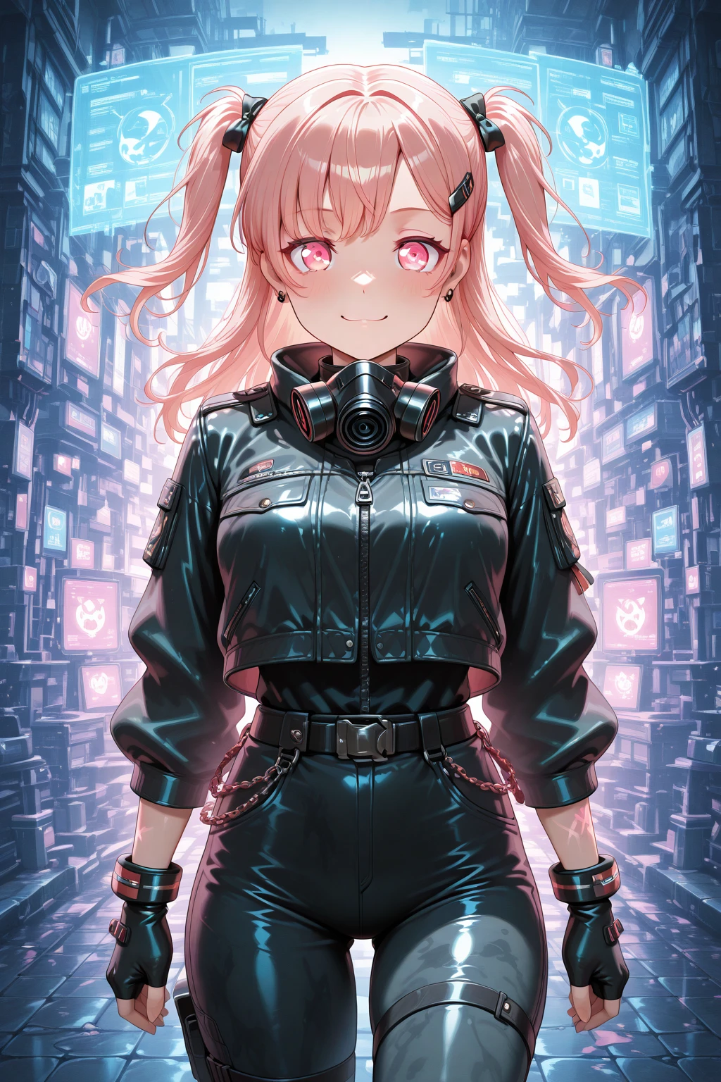 masterpiece, best quality, amazing quality, 1girl, solo, makeup, cowboy shot, (looking at viewer), blush, smile, cyberpunk, neon lights, mechanical arms, glitch art, holographic display, cybernetic enhancements, glowing eyes, futuristic city, rain, wires, digital distortion, punk hairstyle, augmented reality, broken visor, neon signs, dystopian night, acid rain, cybernetic eye, fingerless gloves, holographic ads, street food vendor, cyberpsychosis, illegal augmentations, black market, neural interface, stimulants, police drones, graffiti, cyberware overheating, rogue AI, hacked terminal, data corruption, neural overload, <lora:Hiromachi_Namami_Ban_Dori:1>, Hiromachi_Namami_Ban_Dori, pink eyes, pink hair, long hair, breasts, two side up, hair ribbon, hairclip, leather jacket, combat boots, glowing tattoos, gas mask on head, <lora:wai-2Rectified-V140:1>, <lora:illustrious_noobai_epsilon_pred_1_masterpieces_v1:1>