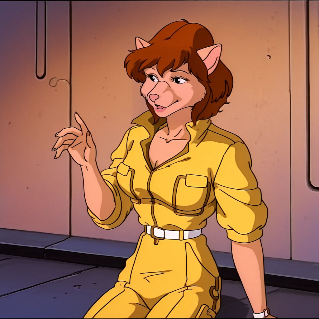<lora:AprilONeil_illustrious_v1:1> AprilONeilCatForm, 1girl, animal ears, jumpsuit, white belt, brown hair, retro artstyle, furry female, sleeves rolled up, 1980s (style), yellow pants, breasts, cowboy shot