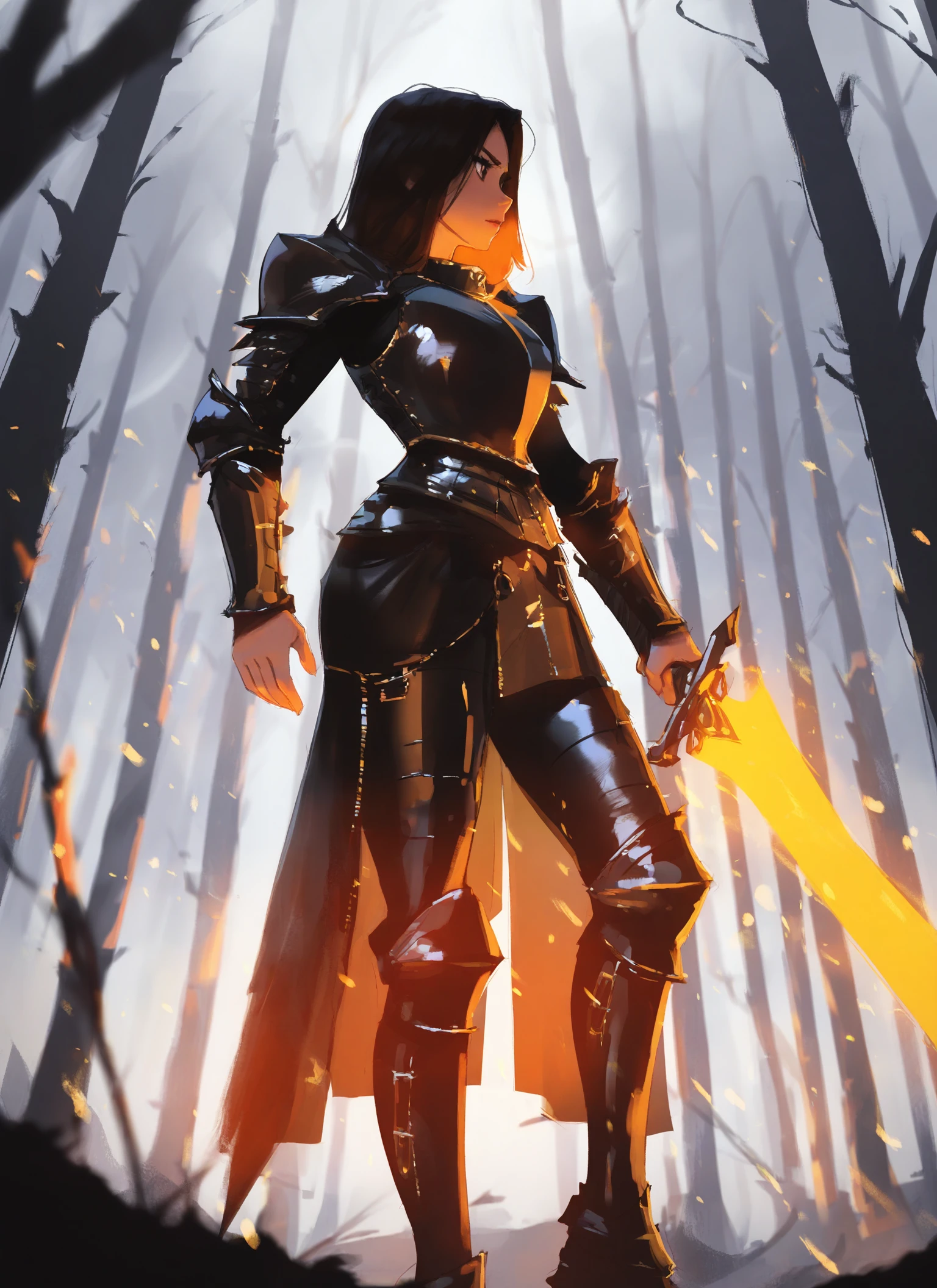 samdoesarts,masterpiece, best quality, low angle side view, 1female warrior, dark armor, huge glowing sword, golden energy blade, intense expression, standing with pride pose, dark enchanted forest, foggy atmosphere, magical energy, sharp focus, glowing embers, detailed leather boots, fantasy aesthetic, dramatic lighting