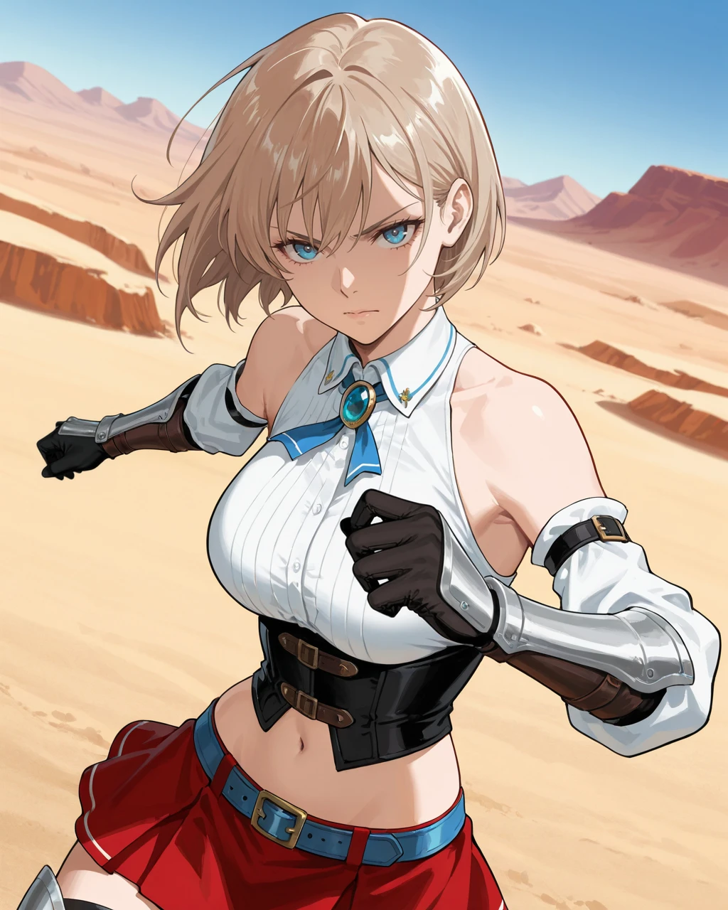 masterpiece, Anime, 2d, absurdres, Seinen, anime screencap, anime coloring, very awa,1girl, solo, <lora:ffashe-illu-nvwls-v1-000006:1> ffashebd, light brown hair, short hair, blue eyes, brooch, white collar, white shirt, sleeveless shirt, black underbust, navel, red miniskirt, blue belt, detached sleeves, gauntlets, armored legwear, upper body, looking at viewer, desert, blue sky, serious,, dynamic pose, dynamic angle, realistic anime style, Flatline, Flat vector illustration, 2d, very aesthetic, official art, stylized, vibrant, digital, best quality, amazing quality, highly detailed, high resolution, perfect details, ultra-detailed, sharp lineart,<lora:MeMaXL4 Type D:0.75>,KKSWHNS-Style-V1.0, expressiveKuro-V1.0, <lora:KKSWHNS-Style-V1-illust:0.5>