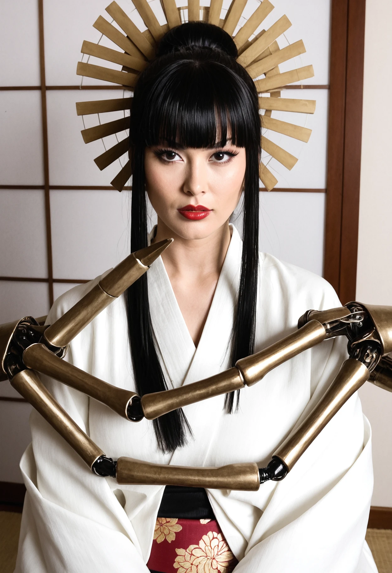 <lora:senjumaru-shutara-anime-ponyxl-lora-nochekaiser:0.8> , senjumaru shutara, long hair, bangs, blunt bangs, black hair, sidelocks, black eyes, makeup, lipstick, red lipstick, || japanese clothes, kimono, mechanical arms, extra arms,