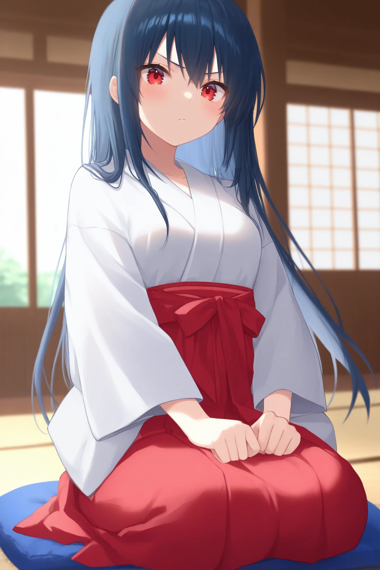 masterpiece, best quality, 1girl, solo, <lora:aberi-illu-nvwls-v1-000006:1> shne, dark blue hair, long hair, red eyes, white kimono, red hakama skirt, seiza, cushion, japanese architecture, looking at viewer, blush, v-shaped eyebrows