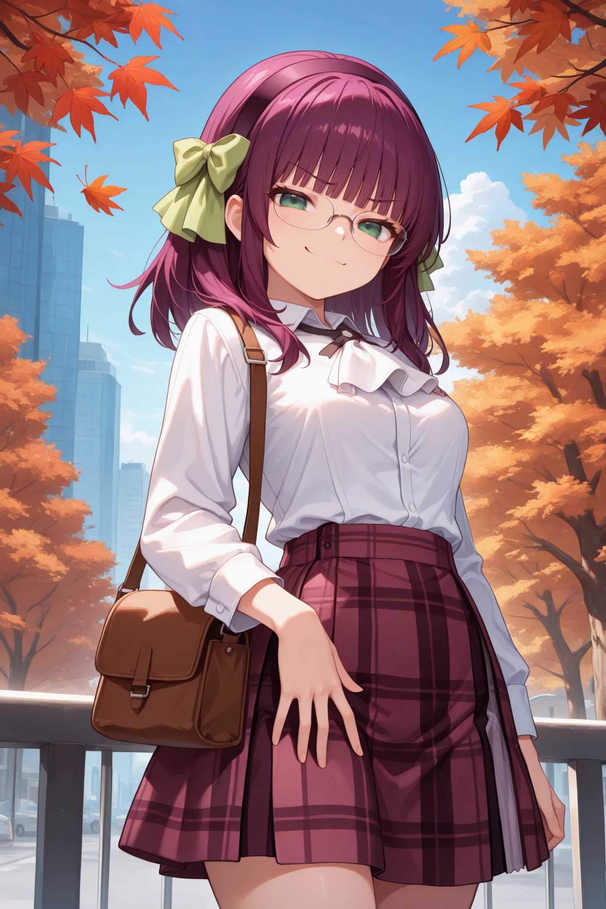 masterpiece, best quality, 1girl, solo, <lora:abyuri-illu-nvwls-v1-000006:1> nmyu, purple hair, medium hair, blunt bangs, green eyes, hairband, hair bow, green bow, white shirt, dress shirt, white ascot, plaid skirt, glasses, smug, messenger bag, blue sky, city, autumn, looking at viewer, cowboy shot