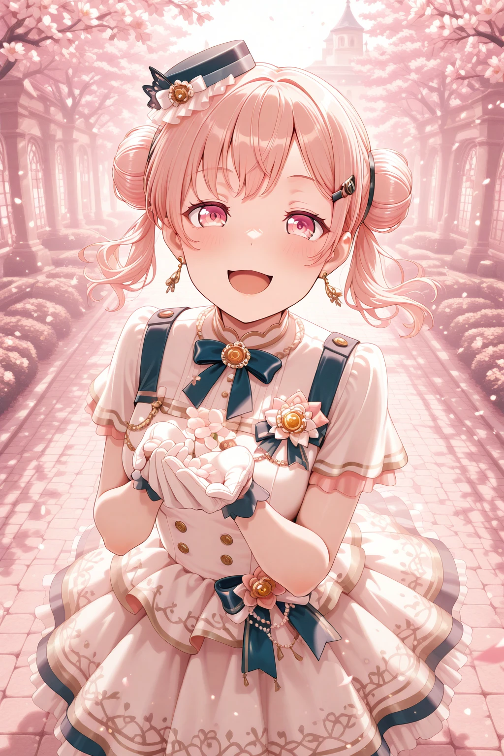 masterpiece, best quality, amazing quality, 1girl, solo, makeup, cowboy shot, looking at viewer, blush, smile, detailed hands, flower, sparkle, petals, garden, outdoors, mansion, posing, dramatic angle, open mouth, <lora:Hiromachi_Namami_Ban_Dori:1>, Hiromachi_Namami_Ban_Dori, pink eyes, pink hair, breasts, braid, double bun, sidelocks, hairclip, dress, frilled skirt, white skirt, white flower, (holding flower), bow, ribbon, jewelry, earrings, gloves, frills, white bow, blue bow, polka dot, corsage, hair ornament, (mini hat), blue bowtie, <lora:wai-2Rectified-V140:1>, <lora:illustrious_noobai_epsilon_pred_1_masterpieces_v1:1>