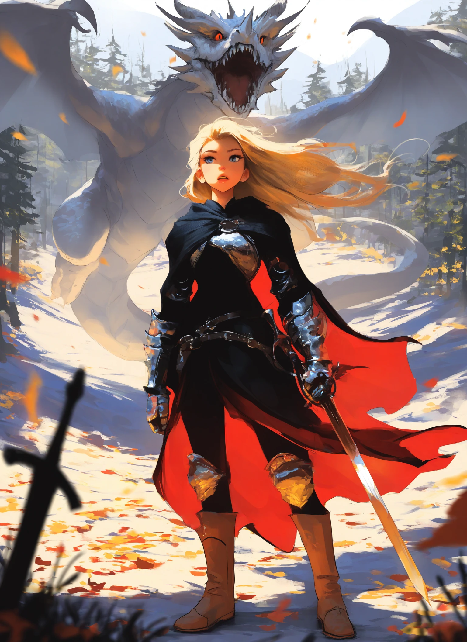 samdoesarts, digital art, fantasy, female, blonde hair, long hair, blue eyes, serious expression, standing, looking back, black cloak, ornate clothing, red accents, black dress, armored gloves, sword, belt, brown boots, large dragon, white dragon, open mouth, sharp teeth, red eyes, background blur, forest background, sunlight, shadows, autumn leaves, wind, dynamic pose, detailed clothing, fantasy setting, dramatic lighting, anime style, high contrast, detailed textures, character in foreground, monster in background, action-ready, confident stance, fantasy armor, sword in hand, detailed hair, flowing hair, light and shadow, detailed background, fantasy creature, epic scene, detailed eyes, detailed clothing folds, fantasy art, digital painting, character design, detailed background elements, dynamic composition