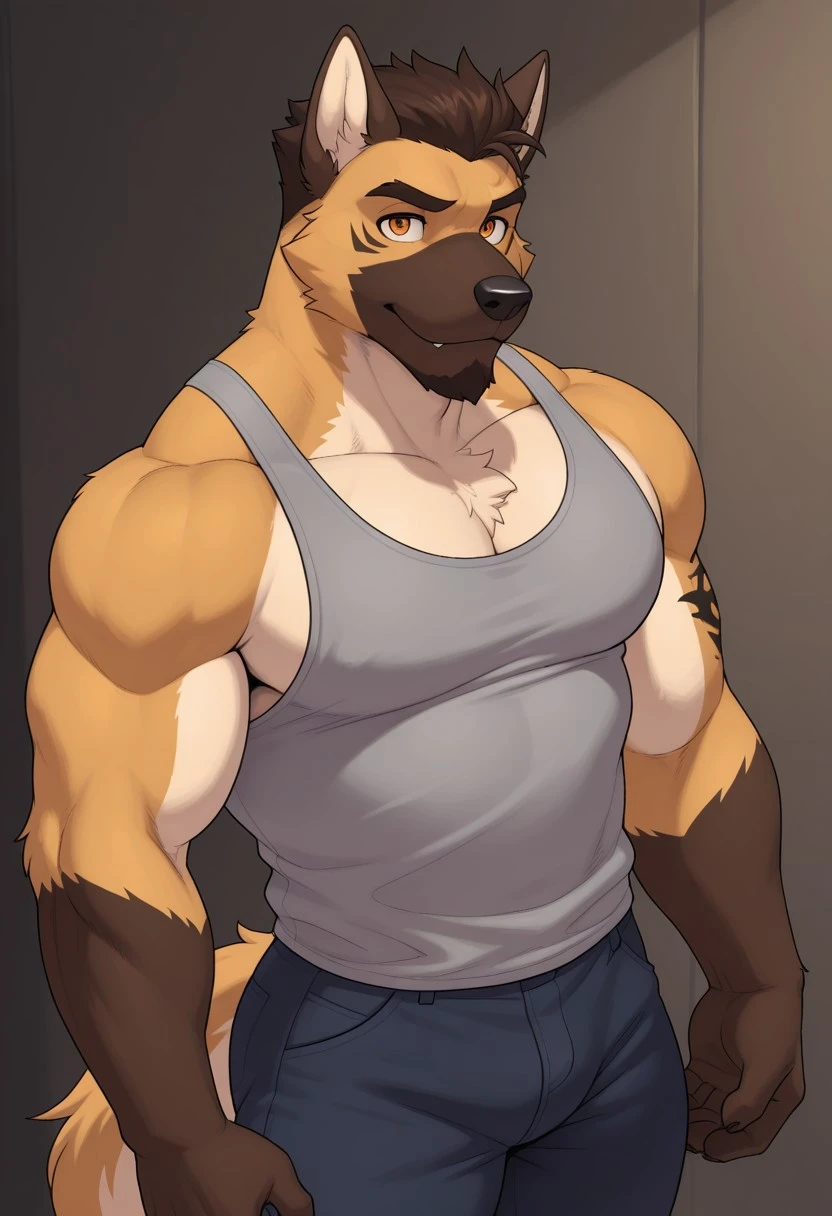 epic-Ultra-HD-details, epic-Ultra-HD-highlights, 2.5D-upscaled-resolution, (highly detailed eyes, perfect eyes:1.2), digital-quality, furry-characteristics, furry, masterpiece, best quality, newest, absurdres, highres, 2024, 2023, amazing quality, solo, marcel_ajbh, mature male, broad shoulders, anthro canine, Anthro dog, dog, chin beard, short spiky dark brown hair, strong jawline, golden brown fur, dark brown fur snout, ears and forearms, light cream chest fur, light cream inner ears, amber eyes, black nose, black stripes tattoo on upper arm, gray tank top, black jeans,