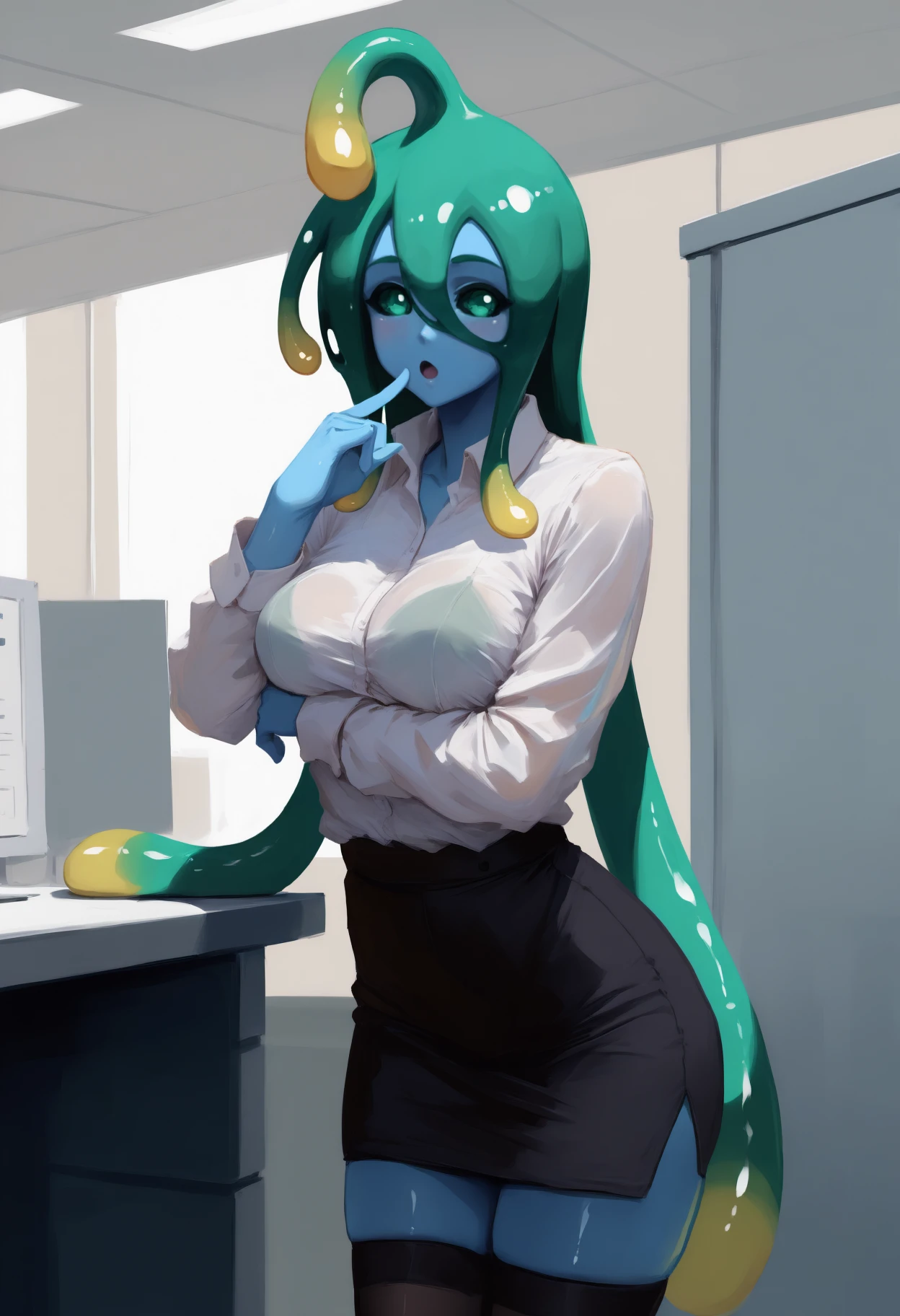 newest, painterly, solo, 1girl, slime girl, blue skin, :o, looking at viewer, standing, arm under , pinky out, finger to mouth, pinky to mouth, green hair, tentacle hair, hair between eyes, ahoge, green eyes, white shirt, collared shirt, see-through shirt, shirt tucked in, long sleeves, black skirt, pencil skirt, black thighhighs, , indoors, office, cubicle
<segment:yolo-Anzhc Face seg 640 v3 y11n.pt,0.5,1//cid=11>