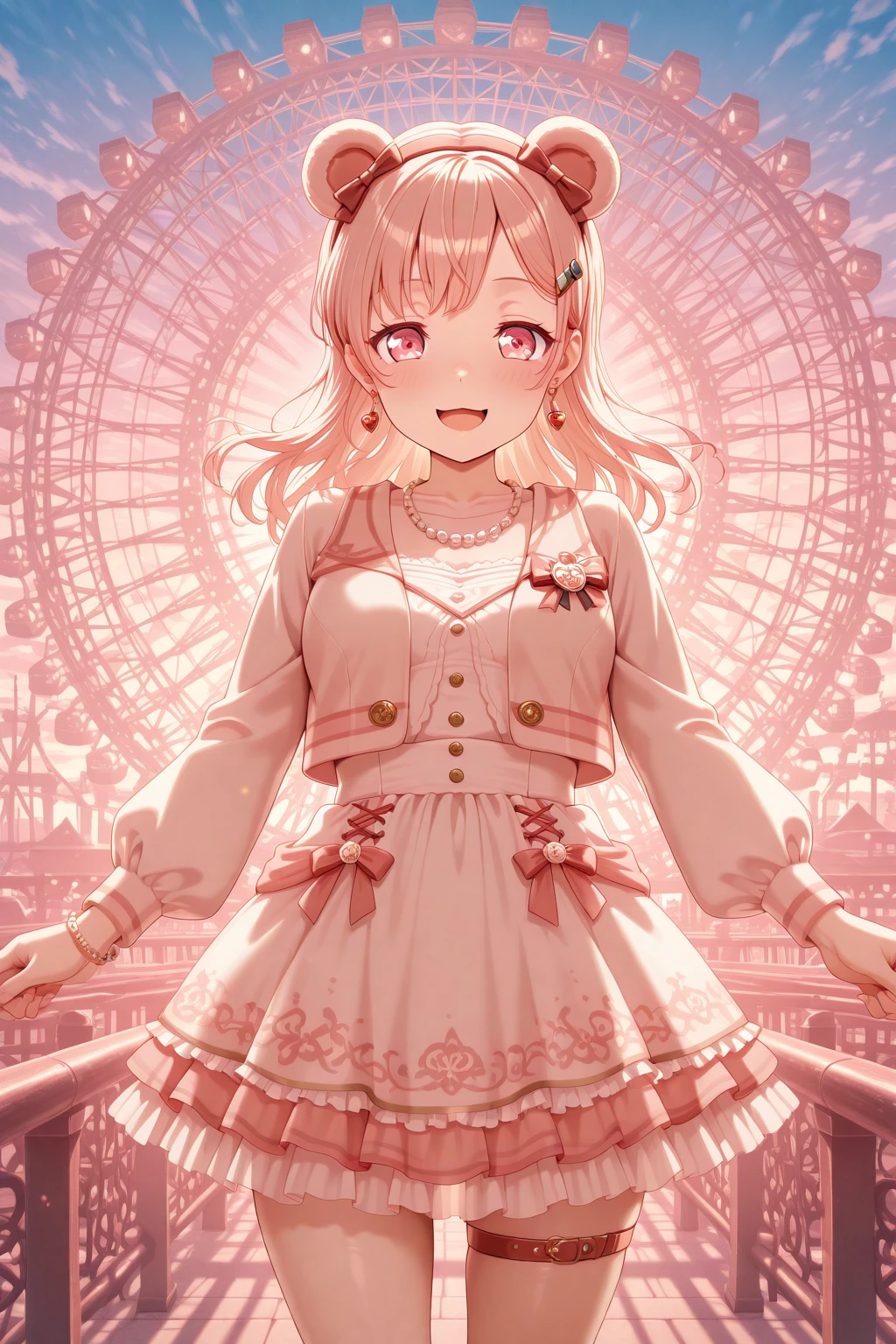 masterpiece, best quality, amazing quality, 1girl, solo, makeup, cowboy shot, looking at viewer, blush, smile, amusement park, ferris wheel background, sunset, dating, happy, outstretched arms, holding hands, lovely, shy, beautiful, posing, dynamic pose, open mouth, <lora:Hiromachi_Namami_Ban_Dori:1>, Hiromachi_Namami_Ban_Dori, pink eyes, pink hair, long hair, breasts, hairclip, dress, animal ears, bow, ribbon, jewelry, frilled dress, puffy sleeves, bear ears, bear ears hairband, heart earrings, pearl necklace, thigh strap, cropped jacket, <lora:wai-2Rectified-V140:1>, <lora:illustrious_noobai_epsilon_pred_1_masterpieces_v1:1>