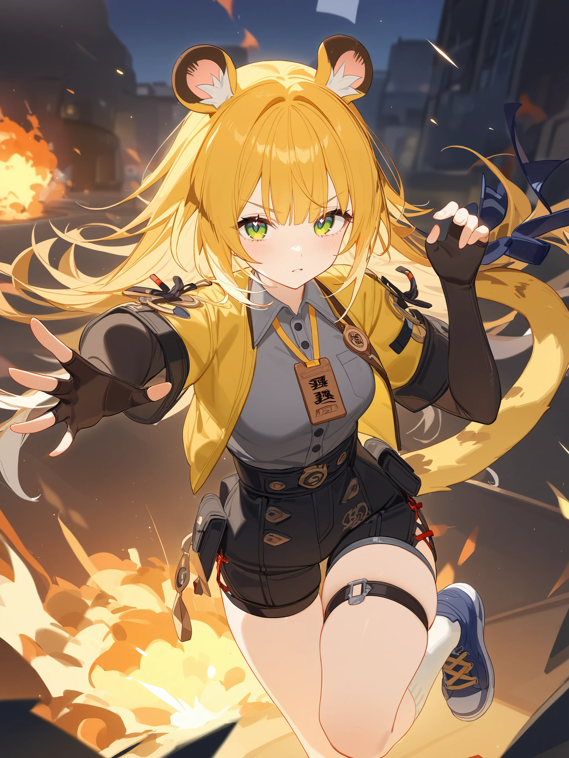 masterpiece,best quality,CG,wallpaper,HDR,high quality,high-definition,extremely detailed,(1girl), Yang Xiao Long, red eyes, absurdly long hair, large breasts, <lora:YangHunter-05:1>, (yanghntr), (jacket), thighhighs, garter straps, ahoge, belt, boots, black skirt, street, night, angry, ember celica \(rwby\), gauntlets, smile