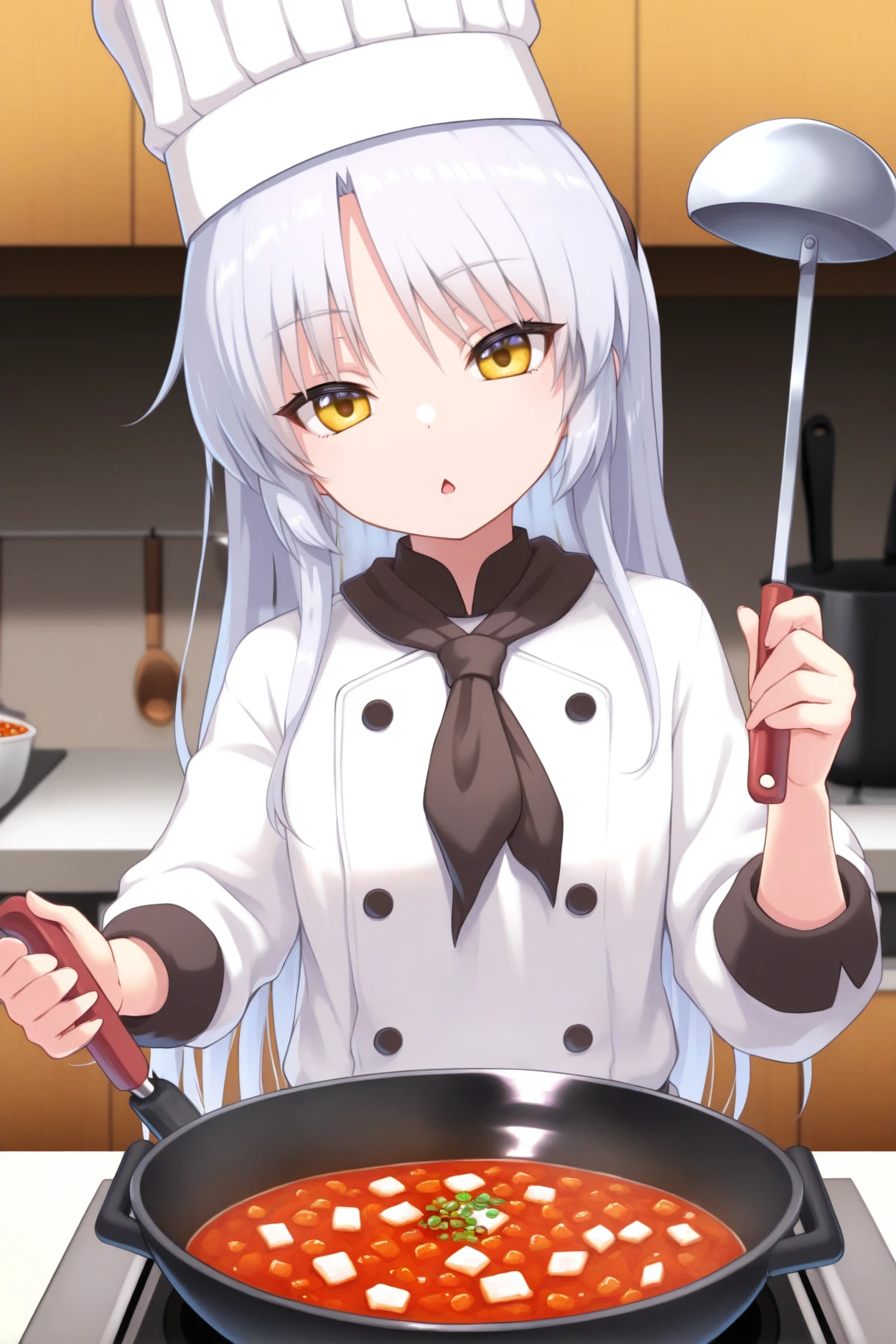 masterpiece, best quality, 1girl, solo, <lora:abtenshi-illu-nvwls-v1-000006:1> tkne, white hair, long hair, yellow eyes, chef hat, chef uniform, kitchen, stovetop, wok, mapo tofu, holding ladle, expressionless, chestnut mouth
