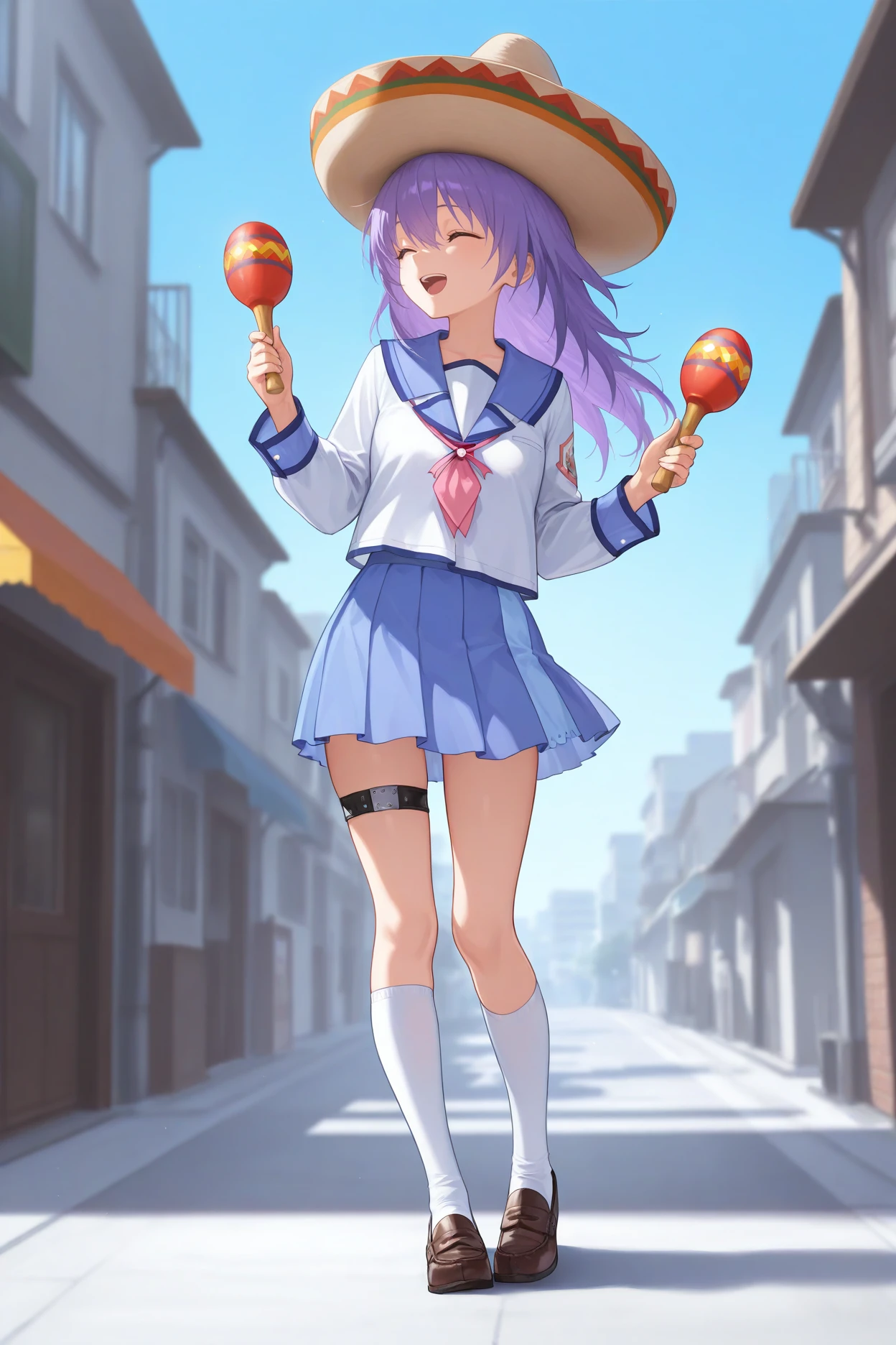 masterpiece, best quality, 1girl, solo, <lora:abirie-illu-nvwls-v1-000006:1> mkir, purple hair, long hair, hair between eyes, , blue sailor collar, white shirt, long sleeves, pink neckerchief, neck ribbon, blue skirt, miniskirt, pleated skirt, multicolored skirt, thigh strap, white socks, kneehighs, loafers, full body, holding maracas, happy, closed eyes, open mouth, blue sky, street, building, looking to the side, hands up, sombrero