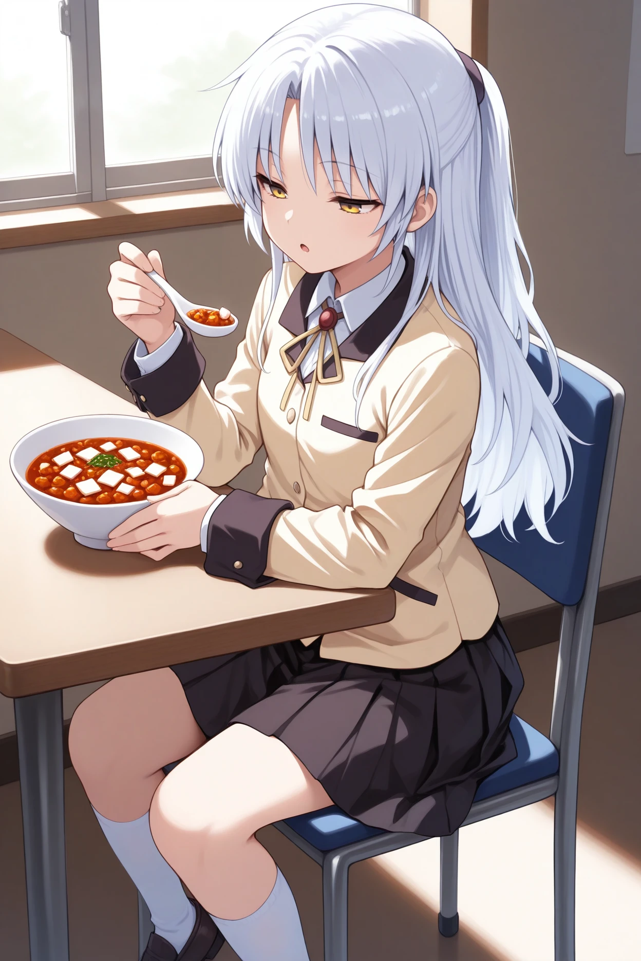 masterpiece, best quality, 1girl, solo, <lora:abtenshi-illu-nvwls-v1-000006:1> tkne, white hair, long hair, yellow eyes, yellow blazer, white shirt, neck ribbon, yellow ribbon, collared shirt, black skirt, pleated skirt, miniskirt, white socks, kneehighs, loafers, half-closed eyes, expressionless, open mouth, sitting, table, chair, holding spoon, bowl of mapo tofu, indoors, :O
