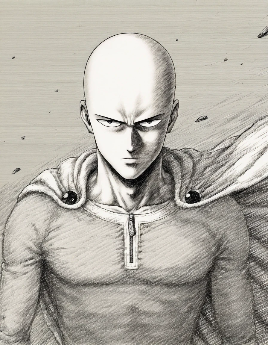<lora:illustriousXLv01_stabilizer_v1.189_2:0.8>1boy,saitama \(one-punch man\),determined,black and write,pencil drawing,monochrome,araki hirohiko \(style\),shadow,portrait,upper body,cloak,wind,flying rock debris,