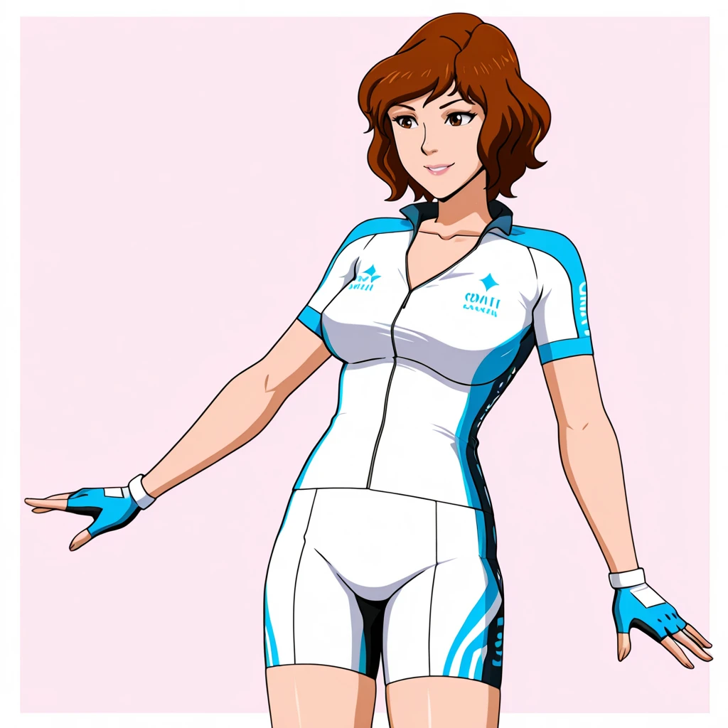 <lora:AprilONeil_illustrious_v1:.9>AprilONeilModern, 1girl, brown hair, brown eyes, short hair, , medium breasts, cowboy shot, <lora:cycling-uniform-illustriousxl-lora-nochekaiser:1> cycling uniform, bike jersey, bike shorts, biker clothes, fingerless gloves, gloves, short sleeves,