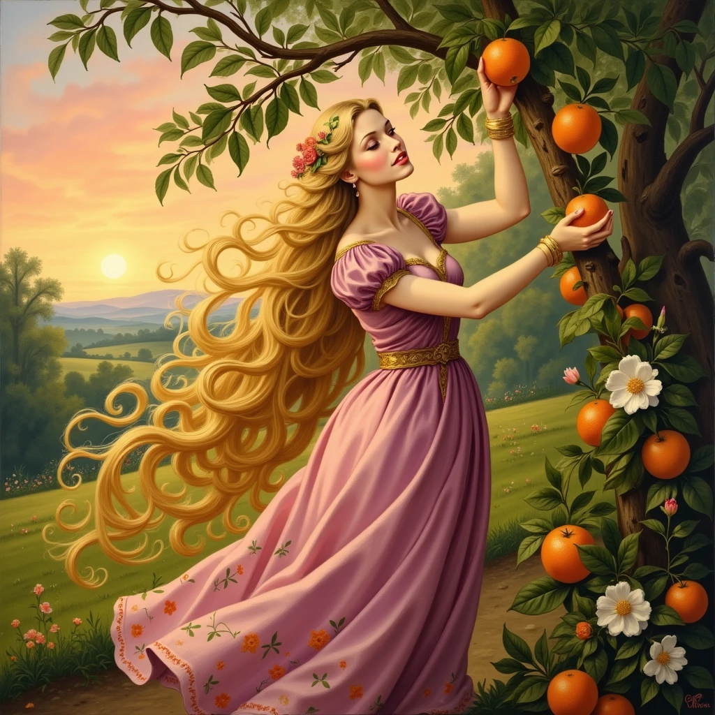 A stunning Rococo art oil painting featuring a beautifully detailed scene of Rapunzel, with her long, flowing golden hair cascading down her back. Dressed in a delicate, pastel-hued gown adorned with floral patterns, she gracefully reaches up to pluck ripe, sun-kissed oranges from the branches of a lush orchard in Southern Italy. The setting is bathed in the warm, golden light of late afternoon, casting enchanting shadows and highlighting the vivid colors of the blossoms and fruit. Surrounding her are vibrant green leaves and blossoming flowers, creating a picturesque atmosphere of tranquility and abundance. The sky is a soft orange-pink gradient as the sun begins to set, enhancing the dreamy, romantic mood of the scene. This hyper-realistic portrayal captures the elegance of the 1800s, with intricate details in the foliage and Rapunzel's expression of joy and serenity, inviting viewers into this idyllic Italian landscape. c0mix2