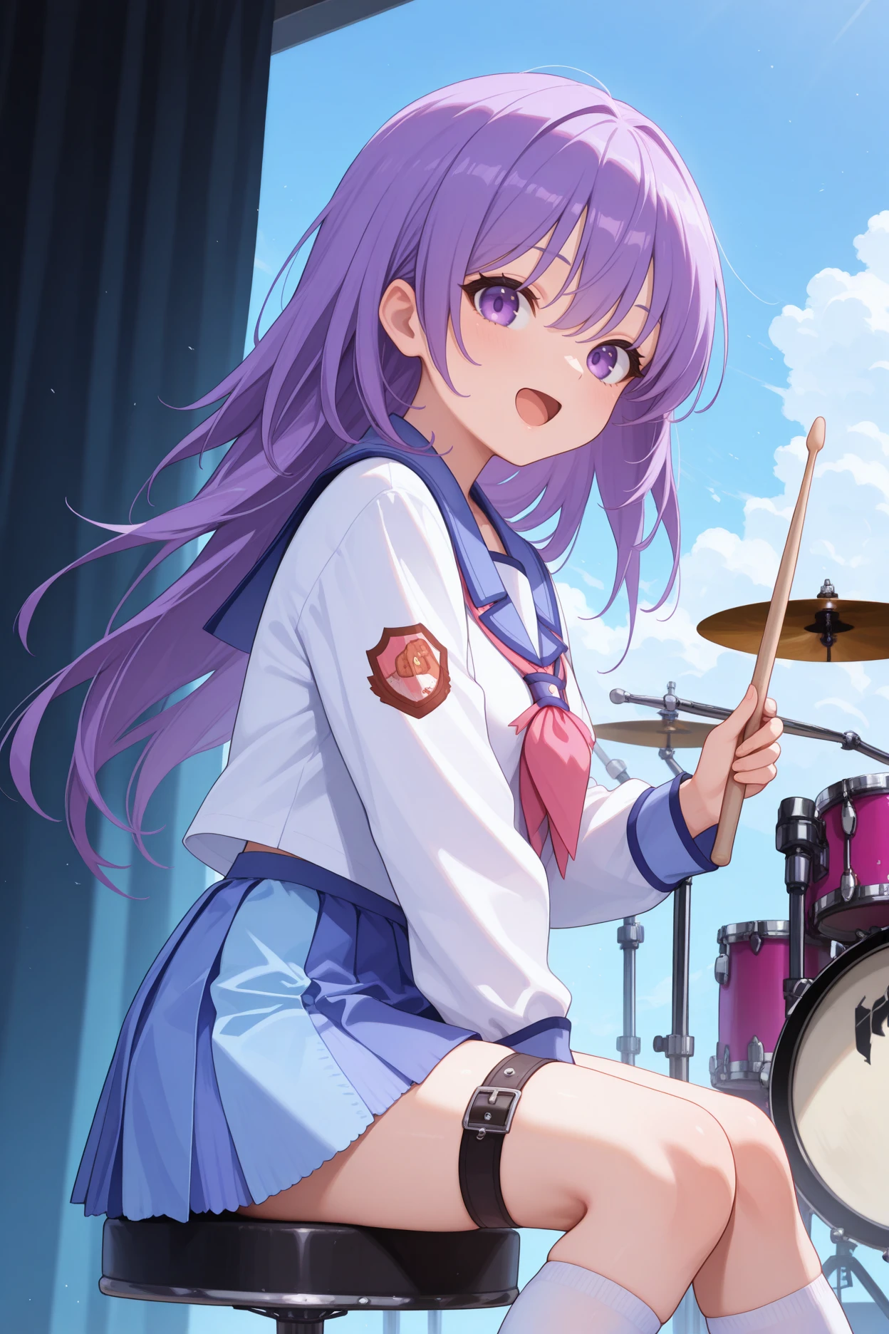 masterpiece, best quality, 1girl, solo, <lora:abirie-illu-nvwls-v1-000006:1> mkir, purple hair, long hair, hair between eyes, purple eyes, blue sailor collar, white shirt, long sleeves, pink neckerchief, neck ribbon, blue skirt, miniskirt, pleated skirt, multicolored skirt, thigh strap, white socks, kneehighs, drum set, holding drumstick, looking at viewer, open mouth, stage, blue sky, sitting, stool, from side, happy