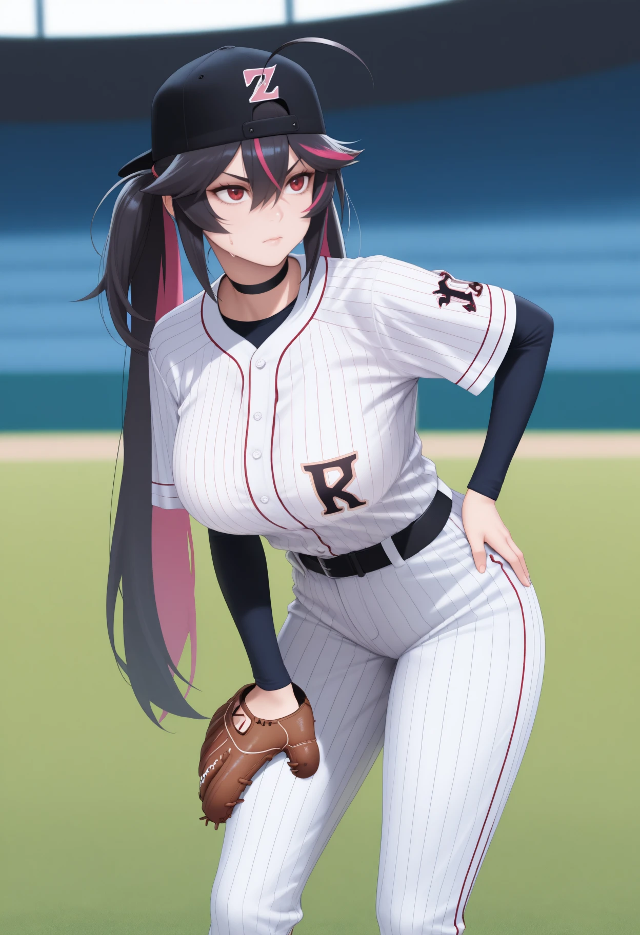 newest, solo, 1girl, sweat, serious, looking ahead, standing, leaning forward, hand on own thigh, hand up, baseball mitt, long hair, streaked hair, black hair, pink hair, ahoge, hair between eyes, hair intakes, twintails, black headwear, baseball cap, backwards hat, red eyes, baseball uniform, white shirt, vertical-striped shirt, shirt tucked in, short over long sleeves, white pants, vertical-striped pants, black belt, black choker, , outdoors, day, stadium, grass
<segment:yolo-Anzhc Face seg 640 v3 y11n.pt,0.5,1//cid=11>
