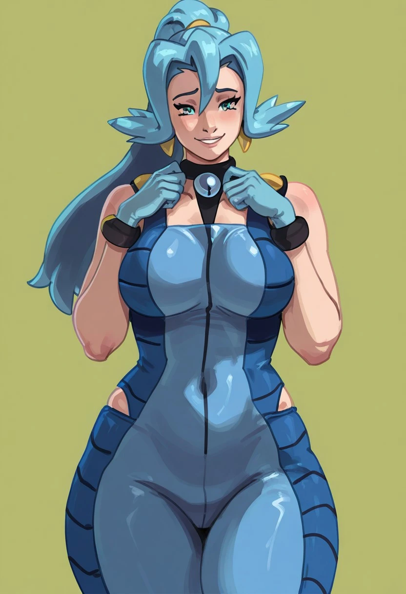 <lora:Iota_v3:0.8>,((masterpiece,best quality)), absurdres, <lora:Clair_Pokemon:0.8>, Clair_Pokemon, solo, 1girl, long hair, blue hair, blue eyes, ponytail, blue bodysuit, black cape, blue gloves, solo, smiling, looking at viewer, cowboy shot