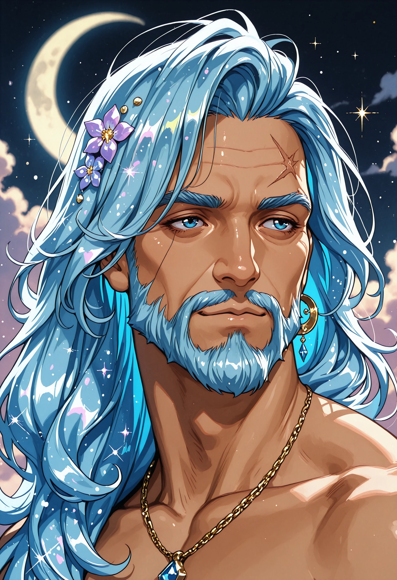 masterpiece, best quality, 1boy, thick eyebrows, wrinkled face, mature male, portrait, beard, wavy long hair, dreamy, sparkle, candid, abstract background, glowing, pastel palettes, blurry, crystal hair, flower, cloud, bara, hand, dynamic pose, jewelry,  shoulders, necklace, vibrant colors, glitter, scar, midnight, crescent moon, single earringâââ, portrait, realistic, very awaâââ