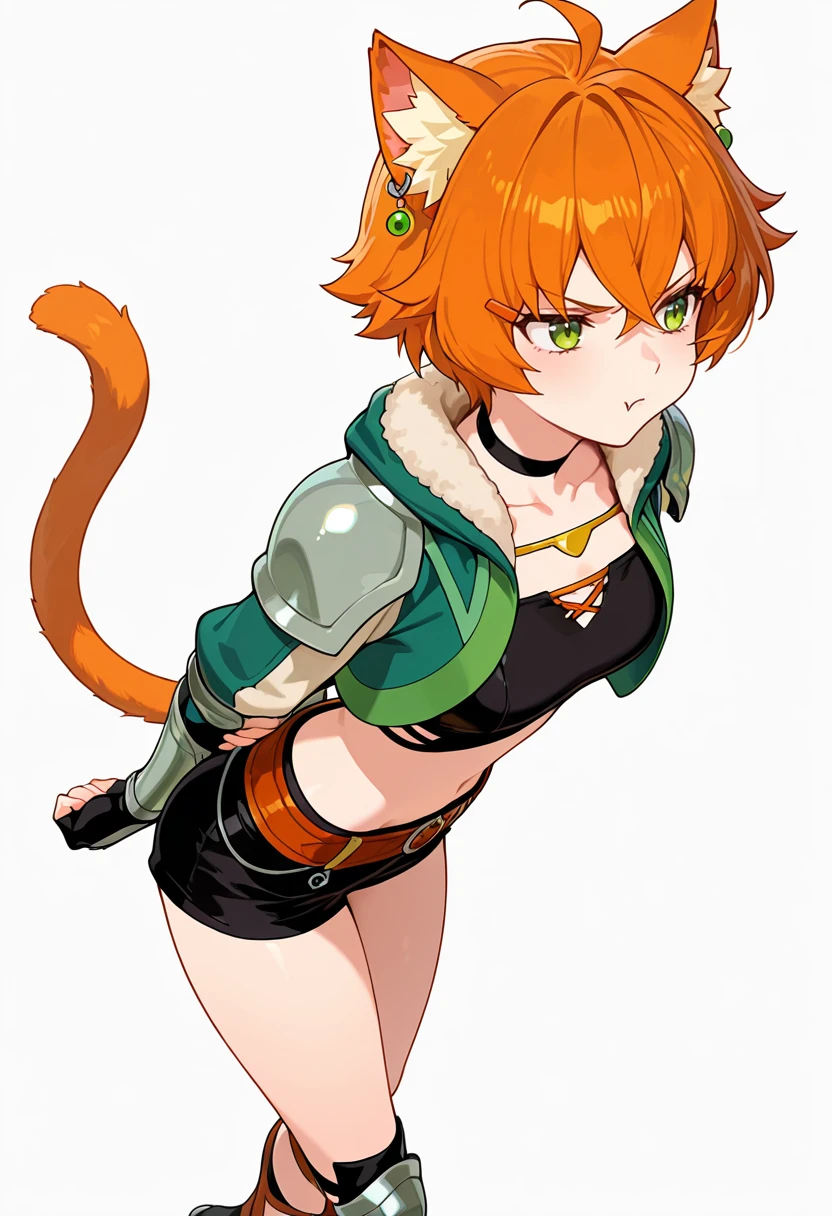 masterpiece,high quality details,
<lora:Nene_Shilfindle:0.8>neneshilfindle_cnr, 1girl,cat girl, orange hair, short hair, green eyes, cat ears, animal ear fluff,fang out, hair between eyes,cat tail,midriff,collarbone,shoulder armor, vambraces,green fur-trimmed jacket,black shorts,belt, black fingerless gloves, black choker, earrings,hairclip,footwear,, simple background, white background, from behind,solo,, disgust,pout,, dynamic twist,calm demeanor,arms behind back,