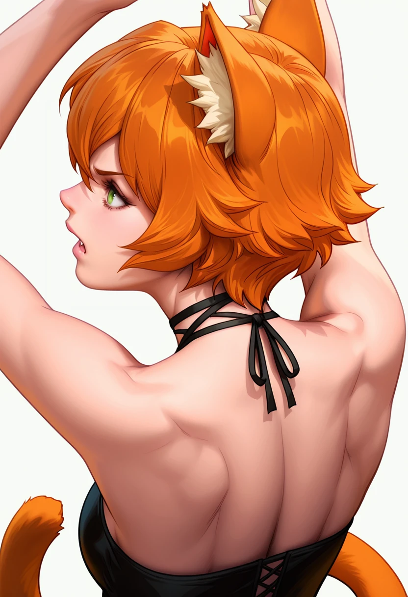 masterpiece,high quality details,
<lora:Nene_Shilfindle:0.8>neneshilfindle_cnr, 1girl,cat girl, orange hair, short hair, green eyes, cat ears, animal ear fluff,fang out, hair between eyes,cat tail,Stanley Lau, simple background, white background, from behind,solo,, screaming,despair,, slight head tilt,serious,arms raised above head,