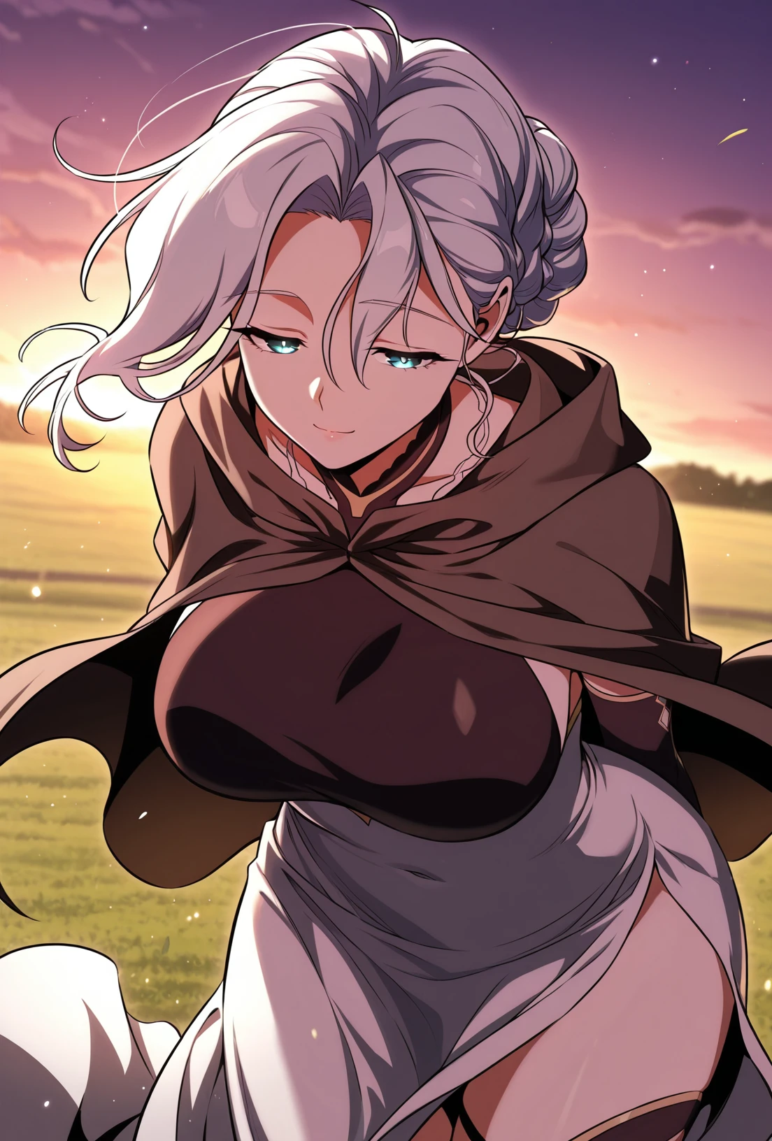 1girl, crossing arms, tall woman, long legs, muscular, sitting on a pile of rocks, serious, voluptuous, smooth gray hair, long braid, gray eyes, baggy pants, sarashi, barefoot, rocky cavern, masterpiece quality, ultra HD, 4K, best quality,