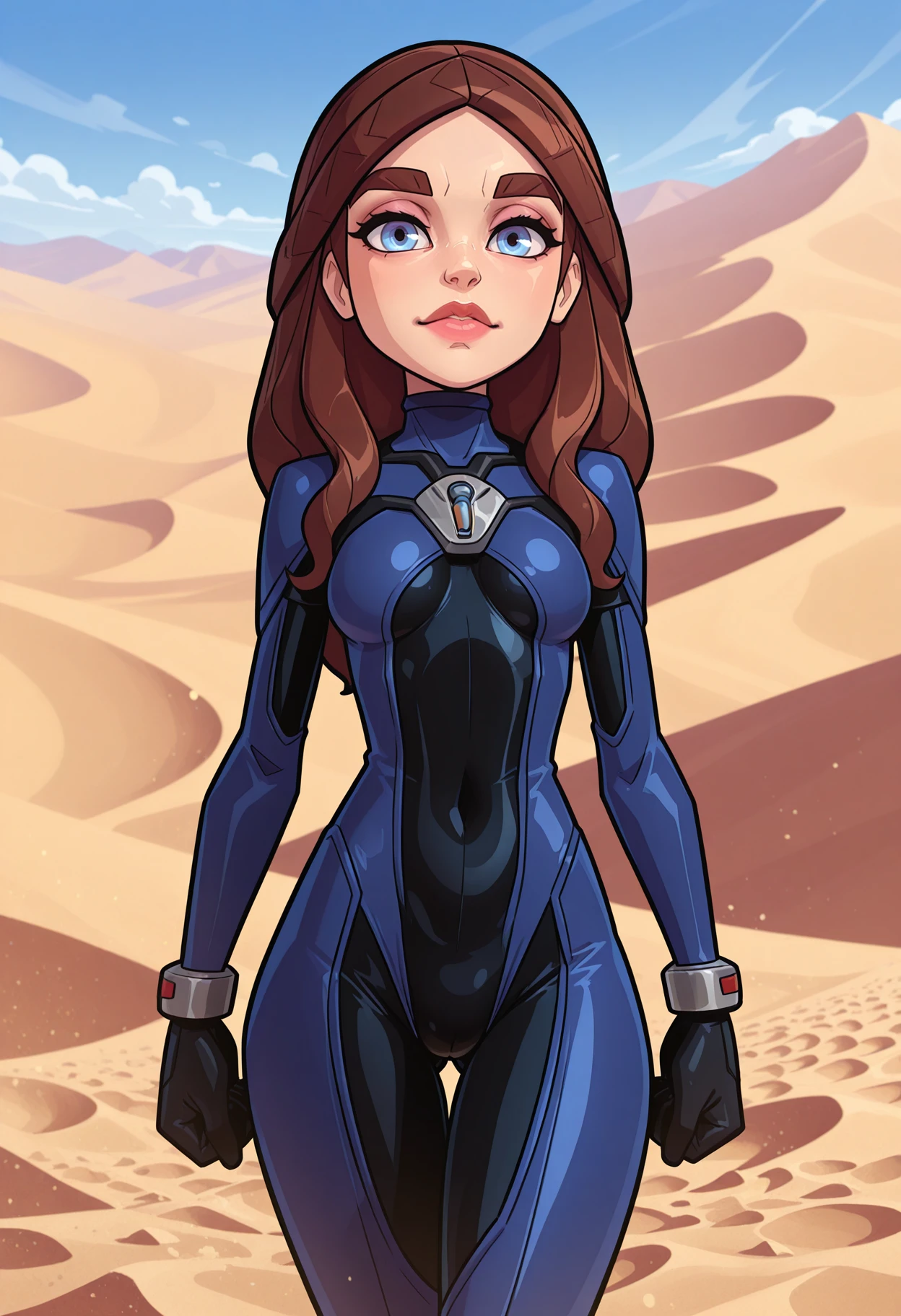 good quality, very aesthetic, masterpiece,best quality,amazing quality,newest, 8K, depth of field, volumetric lighting, very awa,
<lora:AA_bhd_ill:1>, aa_bhd, Alia Atreides,1girl, solo, young woman, brown hair, long hair, blue eyes, lips, bodysuit, sand background, dunes, front view, cowboy shot, looking at viewer,