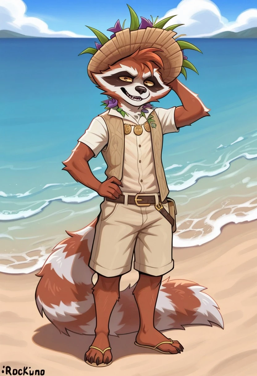 masterpiece,best quality,amazing quality, 1boy, solo,R0cket racc00n,sunh1ne racc00n,beach,vest,fullbody