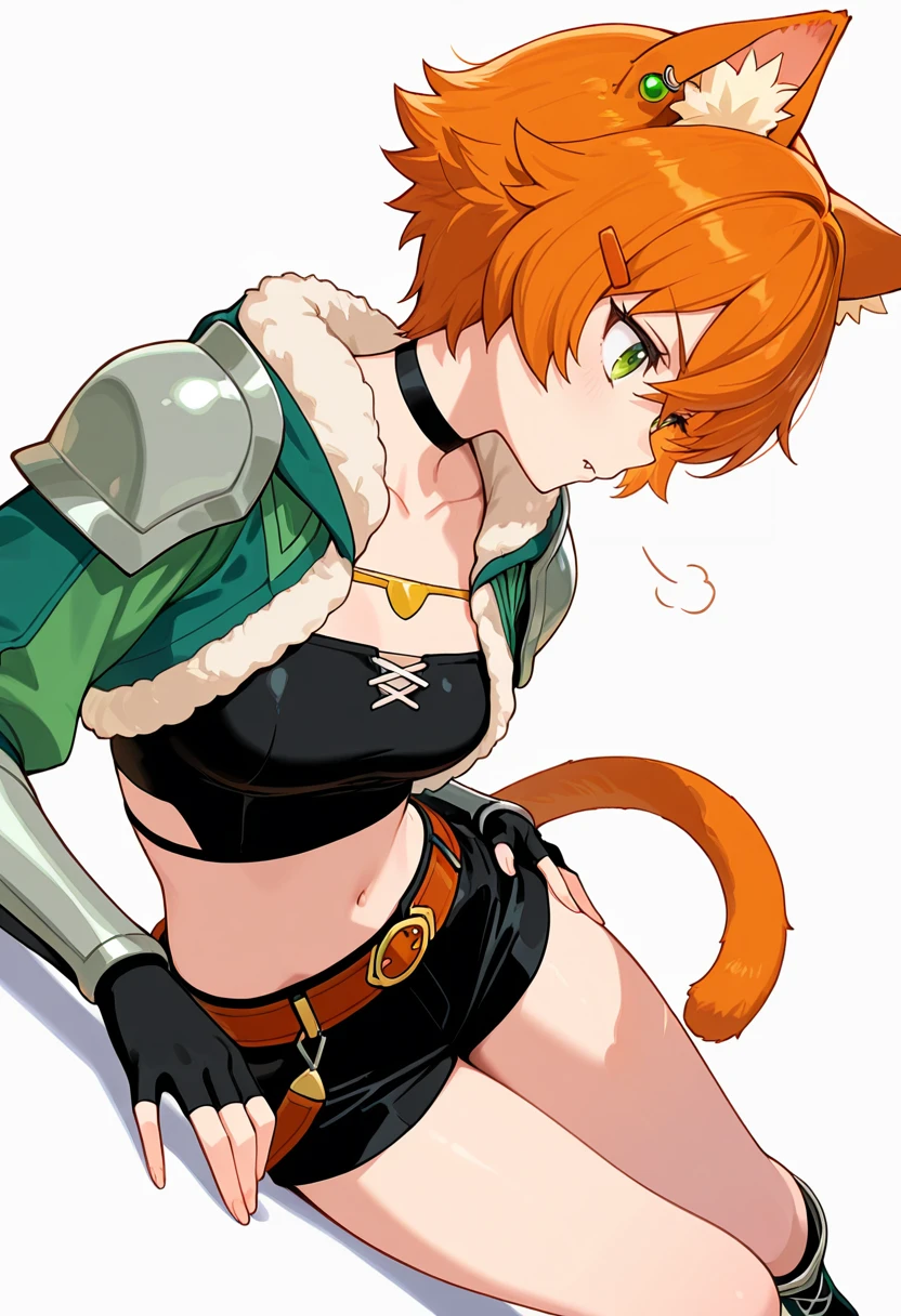 masterpiece,high quality details,
<lora:Nene_Shilfindle:0.8>neneshilfindle_cnr, 1girl,cat girl, orange hair, short hair, green eyes, cat ears, animal ear fluff,fang out, hair between eyes,cat tail,midriff,collarbone,shoulder armor, vambraces,green fur-trimmed jacket,black shorts,belt, black fingerless gloves, black choker, earrings,hairclip,footwear,, simple background, white background, sideways,solo,, serious,sigh,, one hand on hip,reclining sideways,slight back arch,