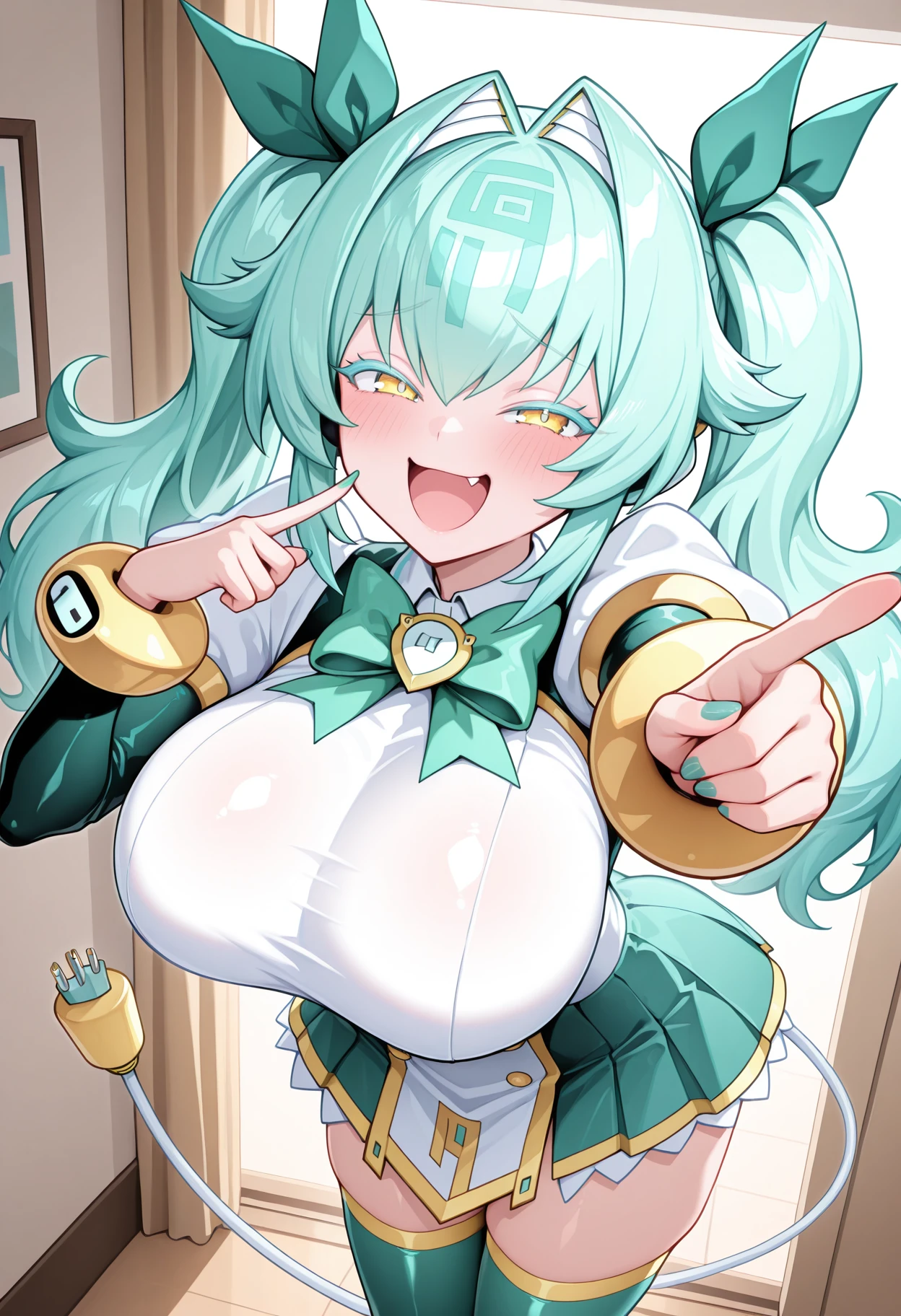 Portrait a qiyana , oversized breasts , cheerleader, smile , open mouth , white hair , orange eyes , masterpiece,