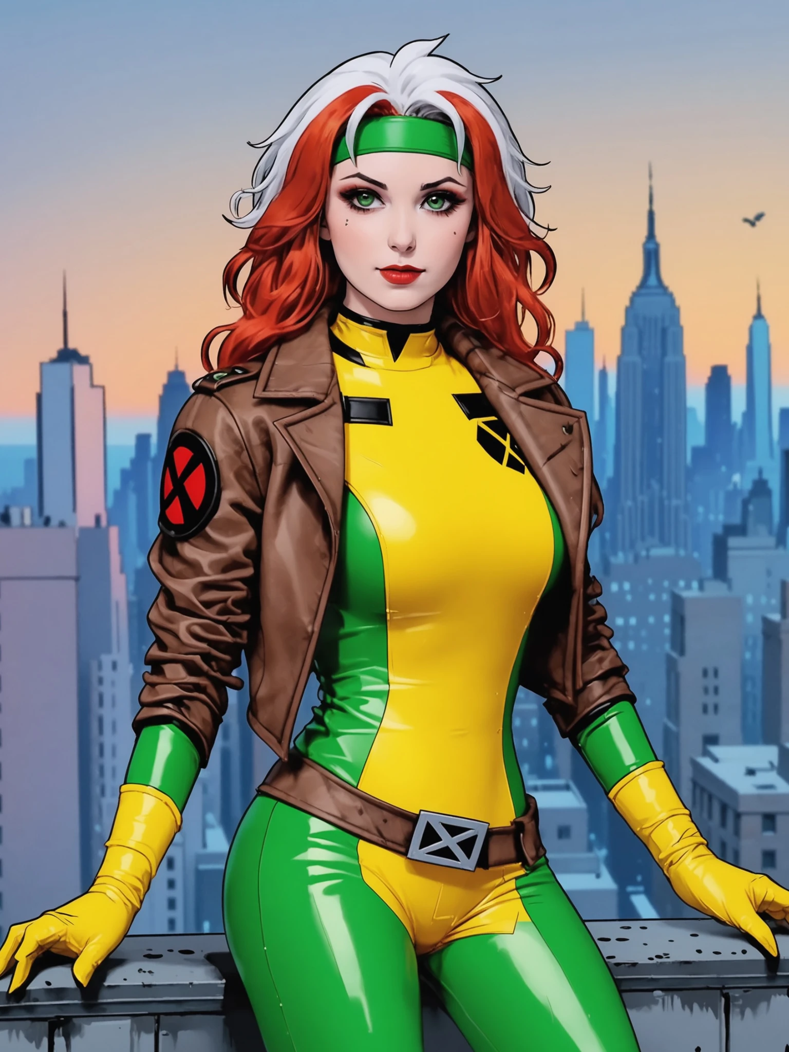 20 year old woman, 1girl, solo, red and white hair, perfect skin, Feathered mop hairstyle, multi-colored hair, 

on a new york city rooftop, she is wearing green headband, yellow and green latex bodysuit, brown leather jacket, yellow gloves with folded cuffs, brown belt with buckle, yellow knee-high boots with bands, lipstick, smile, sleeves pushed up, makeup, looking at viewer