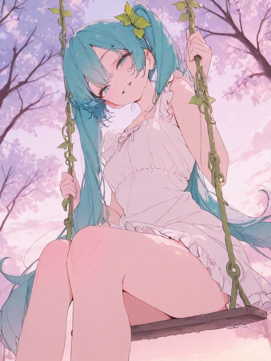 1girl, solo, hatsune miku, anime-style, detailed background, pastel colors, delicate, dreamy, soft shading, bright and vibrant, cinematic lighting, volumetric lighting, ray tracing, dramatic shadows, dappled light, clouds, looking at viewer, side view, smile, parted lips, outdoors, sitting, on swing, (vine swing:1.5), tree, (tree branch:1.5), swing, swinging, foreshortening, extreme perspective, 
intricate details, 
shallow depth of field, dramatic lighting, 
masterpiece, best quality, amazing quality, very awa, absurdres, newest, very aesthetic, depth of field,