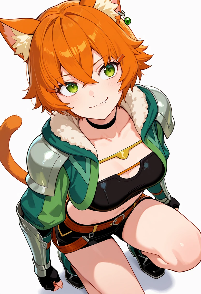 masterpiece,high quality details,
 <lora:Nene_Shilfindle:0.8>neneshilfindle_cnr, 1girl,cat girl, orange hair, short hair, green eyes, cat ears, animal ear fluff,fang out, hair between eyes,cat tail,midriff,collarbone,shoulder armor, vambraces,green fur-trimmed jacket,black shorts,belt, black fingerless gloves, black choker, earrings,hairclip,footwear,, crazy smile,exhausted,, upright posture,one knee on ground,intense gaze,, simple background, white background, sideways,solo,