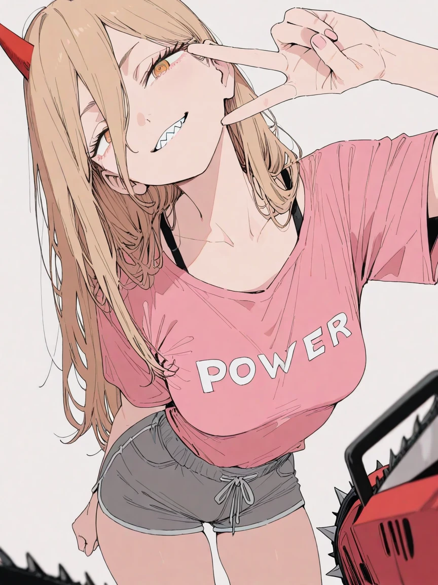 1girl, , head to the base, peace hand, (Power, Chainsaw_Man Power, blonde, long hair, caucasian, two red small horns, yellow eyes, sharp teeth), pink shirt, short shirt, shorts short, grey shorts, perverted smile,
intricate details, limited palette,
shallow depth of field, dramatic lighting,  and cute, dynamic angle,
masterpiece, best quality, amazing quality, very awa, absurdres, newest, very aesthetic, depth of field,