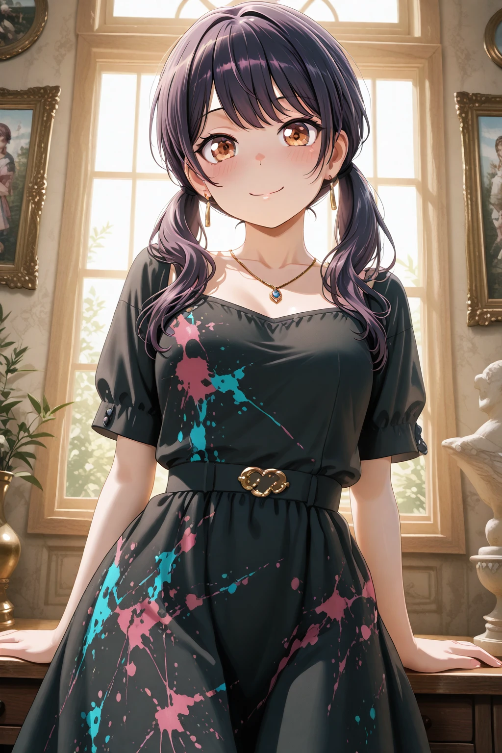 masterpiece, best quality, amazing quality, 1girl, solo, makeup, general, cowboy shot, looking at viewer, blush, smile, far angle, atelier, indoors, fancy, windows, sculpture, art drawing, drawing \(object\), blush, lovely, looking at viewer, <lora:futaba_tsukushi_il_v2.0:1>, futaba tsukushi, purple hair, brown eyes, low twintails, bangs, medium breasts, <lora:Paint_Splatter_Print_Dress:1.1>, Paint_Splatter_Print_Dress, black dress, print dress, short sleeves, paint on clothes, jewelry, necklace, <lora:wai-2Rectified-V140:1>, <lora:illustrious_noobai_epsilon_pred_1_masterpieces_v1:1>