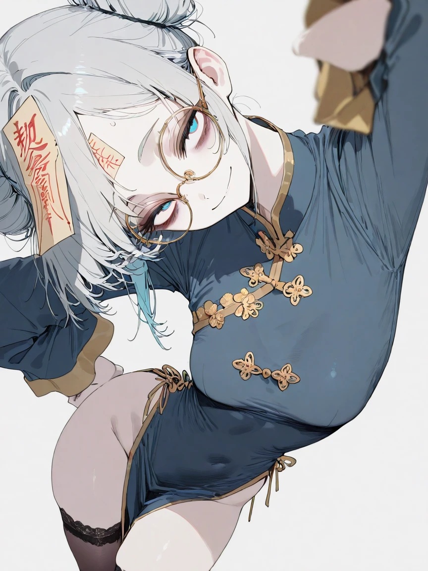 1girl, chinese zombie, jiangshi outfit, blue and gold traditional chinese clothing, round glasses, (bags under eyes:1.1), long sleeves, double bun, (paper talisman on forehead),( paper talisman cover one eye:1.1) short silver hair, blue eyes, confident smile, closed mouth, (pale skin:1), twisted torso, exaggerated hip curve, thighhighs, ornate buttons, tight-fitting clothes, from side, white background,
shallow depth of field, 
 and cute, 
dynamic angle, 
masterpiece, best quality, amazing quality, very awa, absurdres, newest, very aesthetic, depth of field,