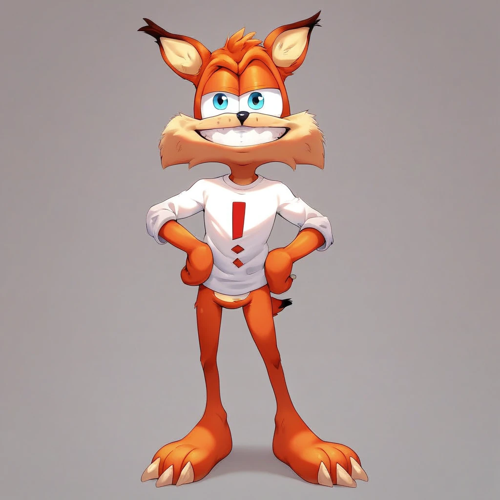 score_9, score_8_up, score_8, score_7, source_cartoon, Bubsy, 1boy, solo, anthro, male furry, orange fur, bobcat, blue eyes, black nose, bobcat tail, short tail, claws, red exclamation mark printed white shirt, full body, looking at viewer, smiling, grin, standing, hands on hips, forest background,