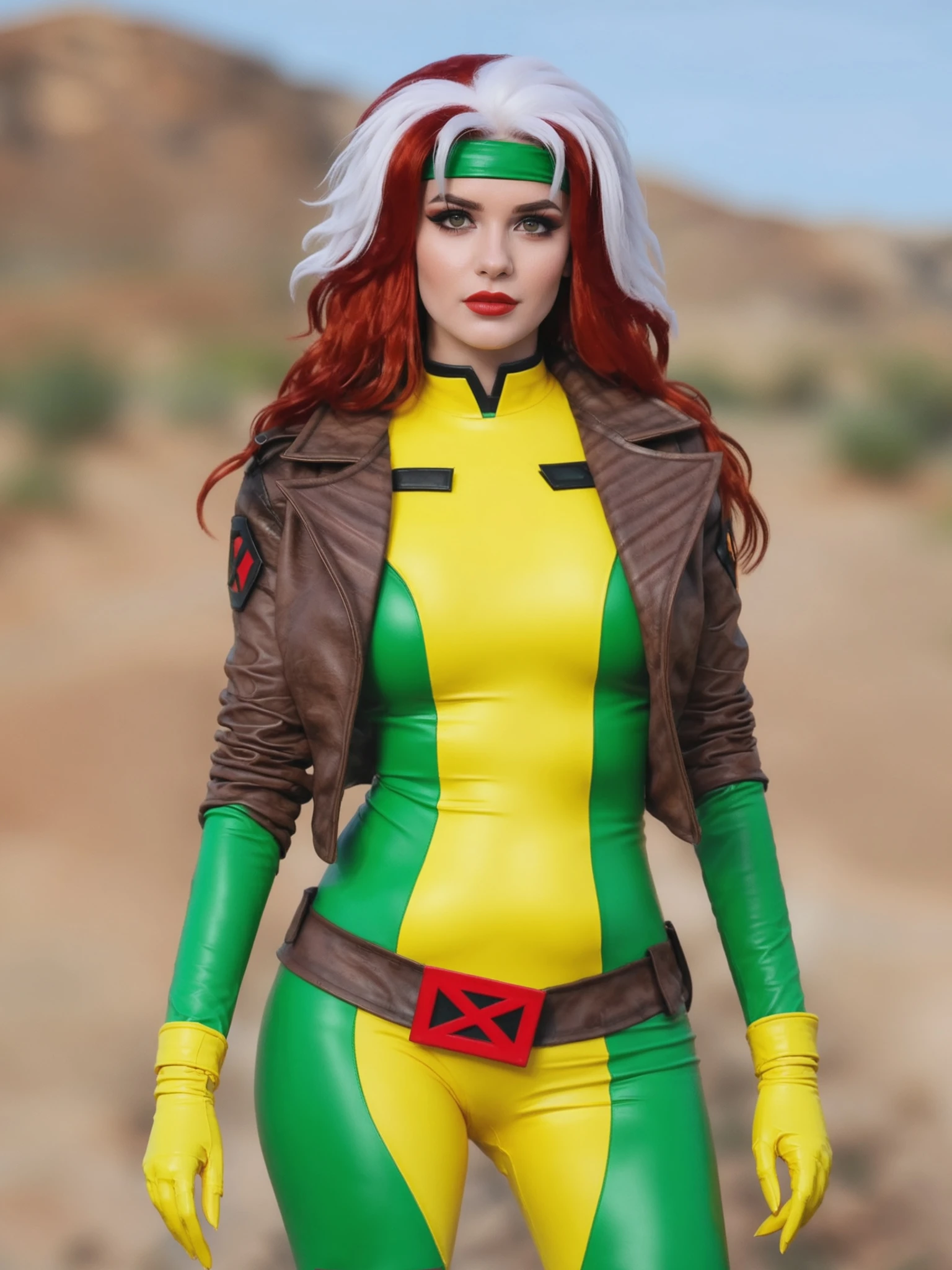 20 year old woman, 1girl, solo, red and white hair, perfect skin, Feathered mop hairstyle, multi-colored hair, 

in the desert, she is wearing green headband, yellow and green latex bodysuit, brown leather jacket, yellow gloves with folded cuffs, brown belt with buckle, yellow knee-high boots with bands, lipstick, smile, Sleeves Pushed Up, makeup, looking at viewer